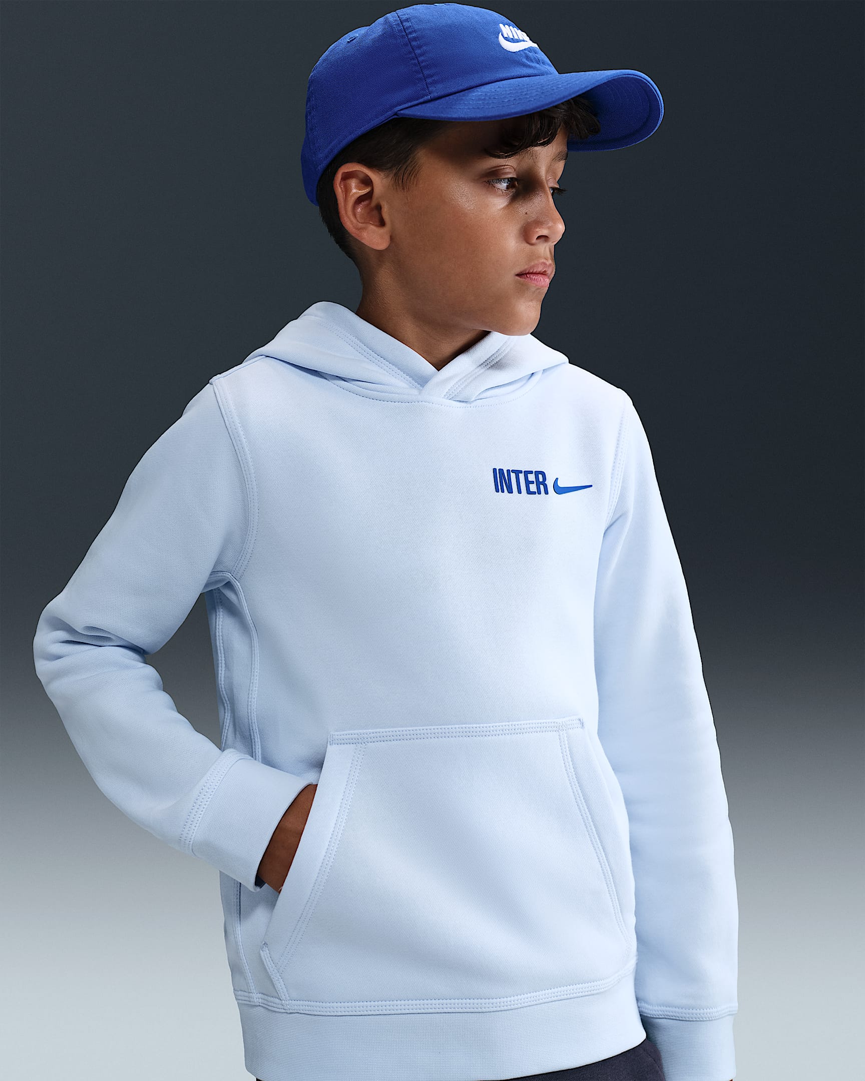 Inter Milan Club Big Kids' (Boys') Nike Soccer Fleece Pullover Hoodie - Football Grey/Lyon Blue