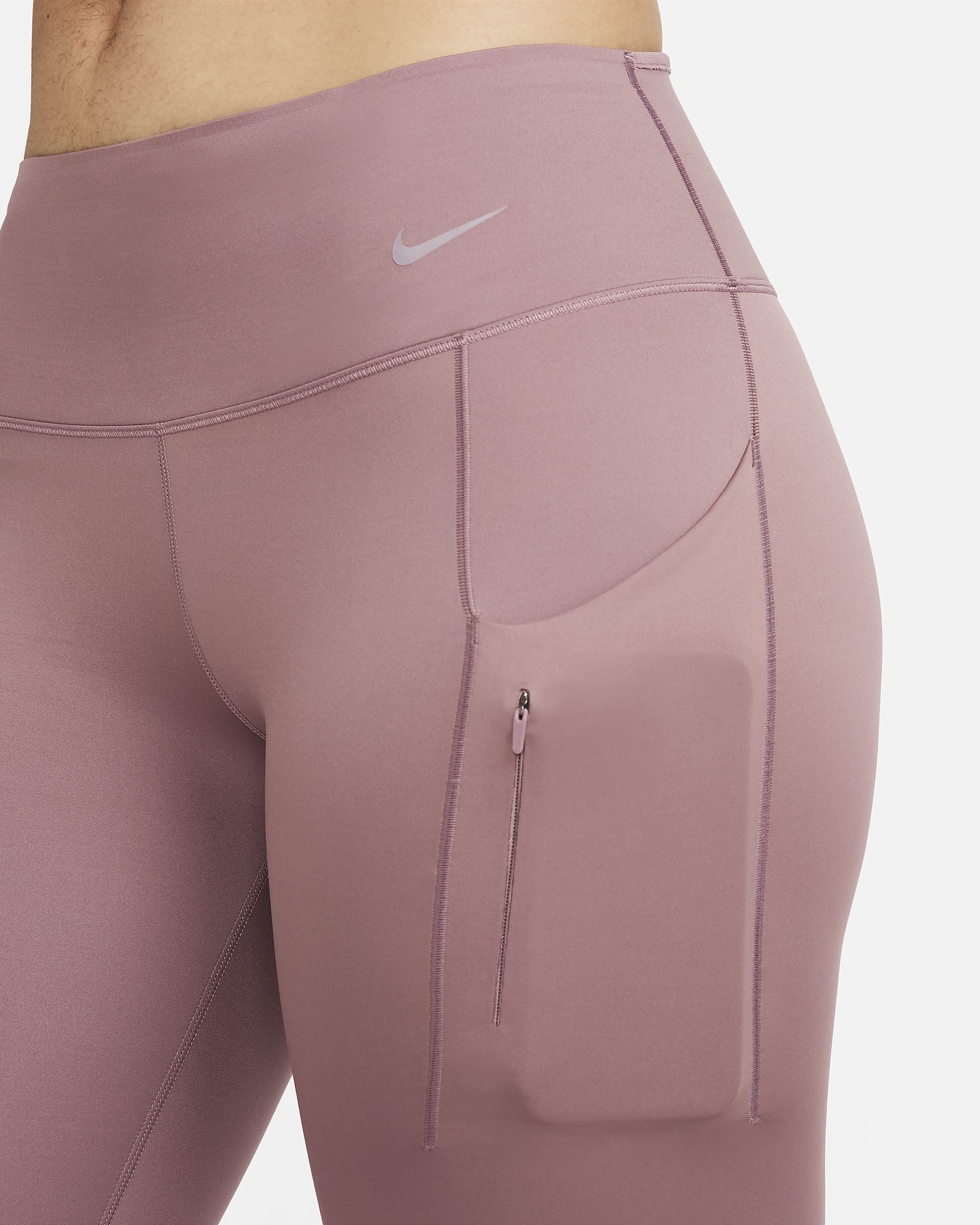 Nike Go leggings i full lengde med fast støtte, mellomhøyt liv og lommer til dame - Smokey Mauve/Svart