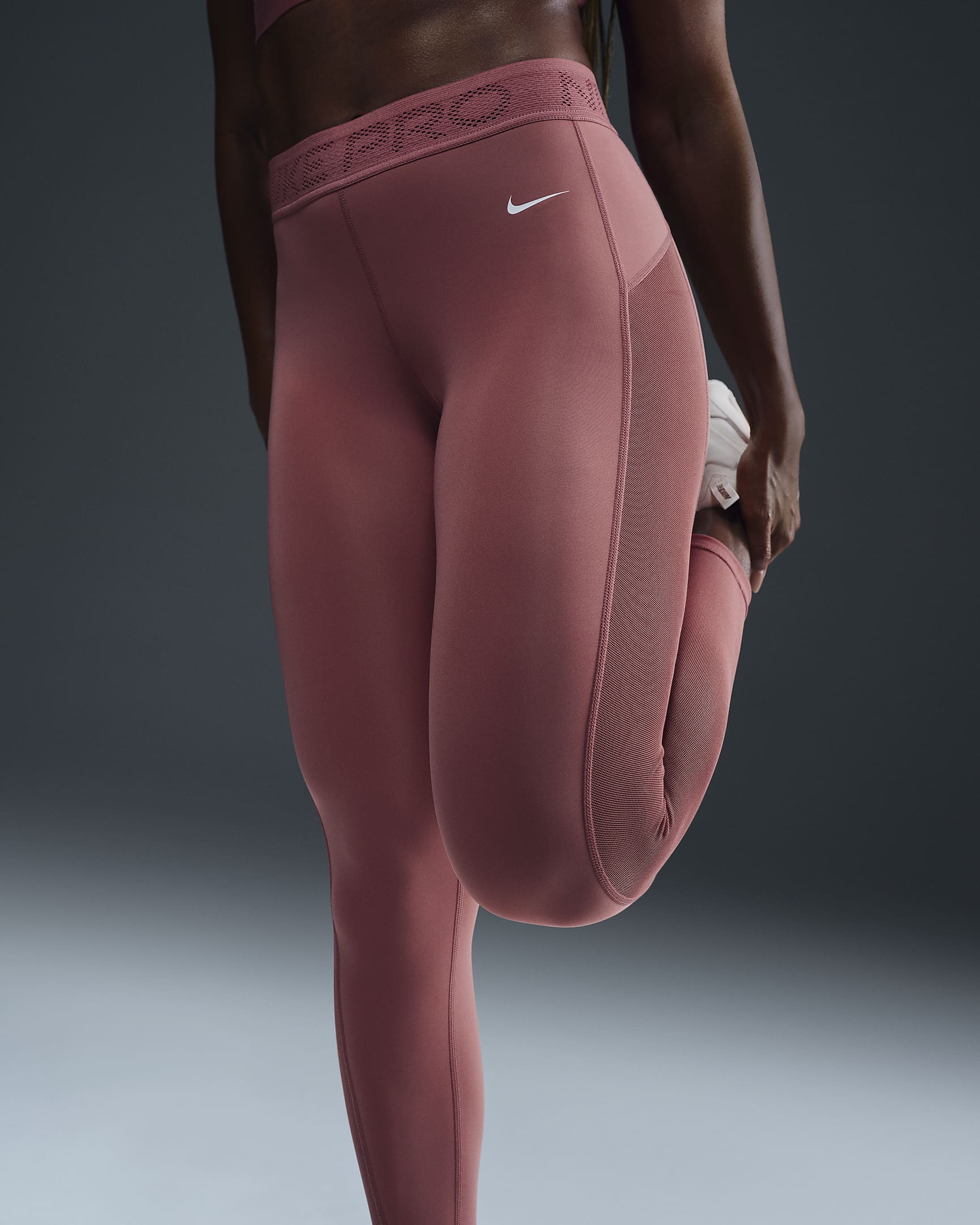 Nike Pro Women's Mid-Rise 7/8 Mesh-Panelled Leggings - Canyon Pink/White
