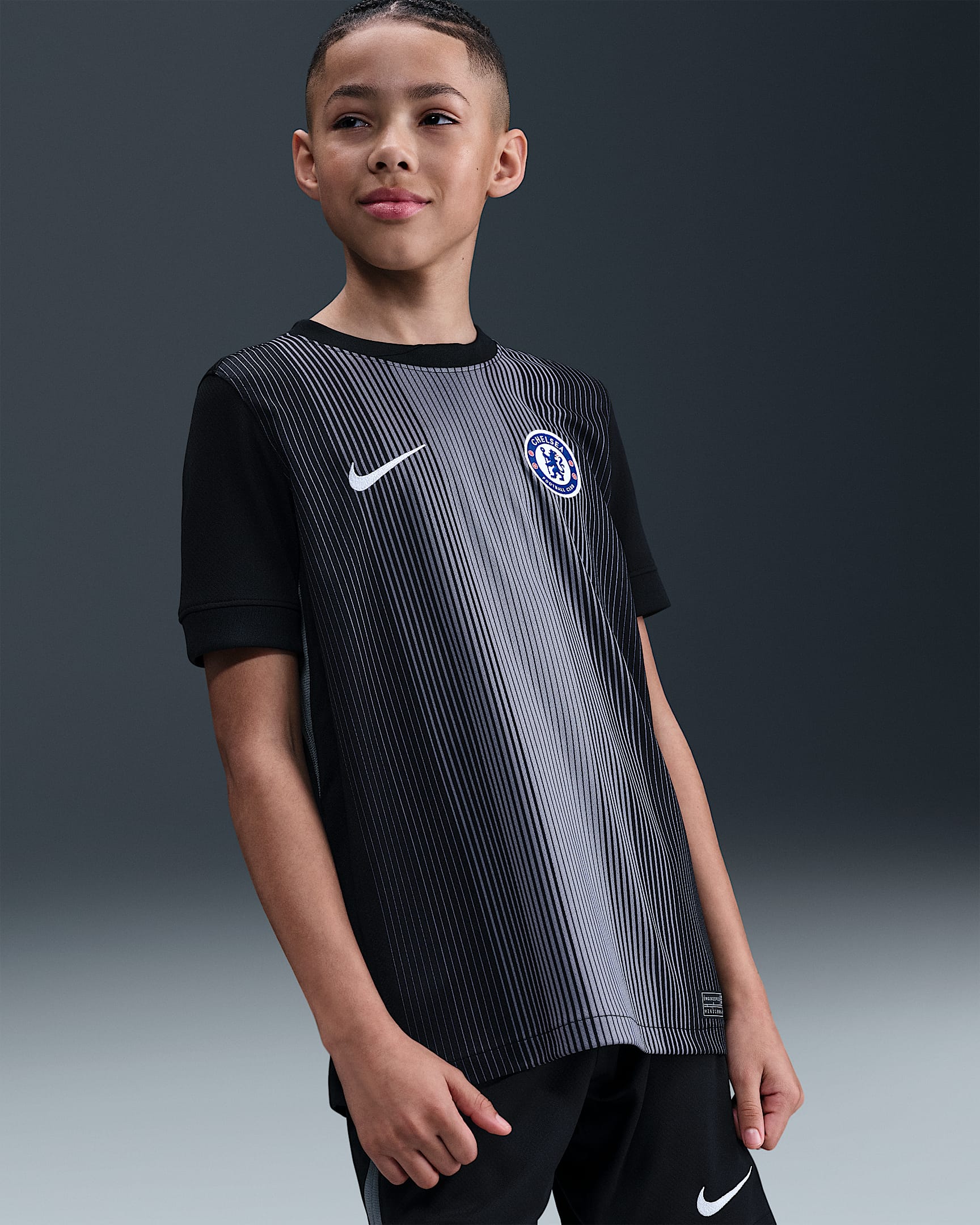 Chelsea F.C. 2025/26 Stadium Goalkeeper Nike Dri-FIT rövid ujjú replika futballmez nagyobb gyerekeknek - Fekete/Smoke Grey/Fehér