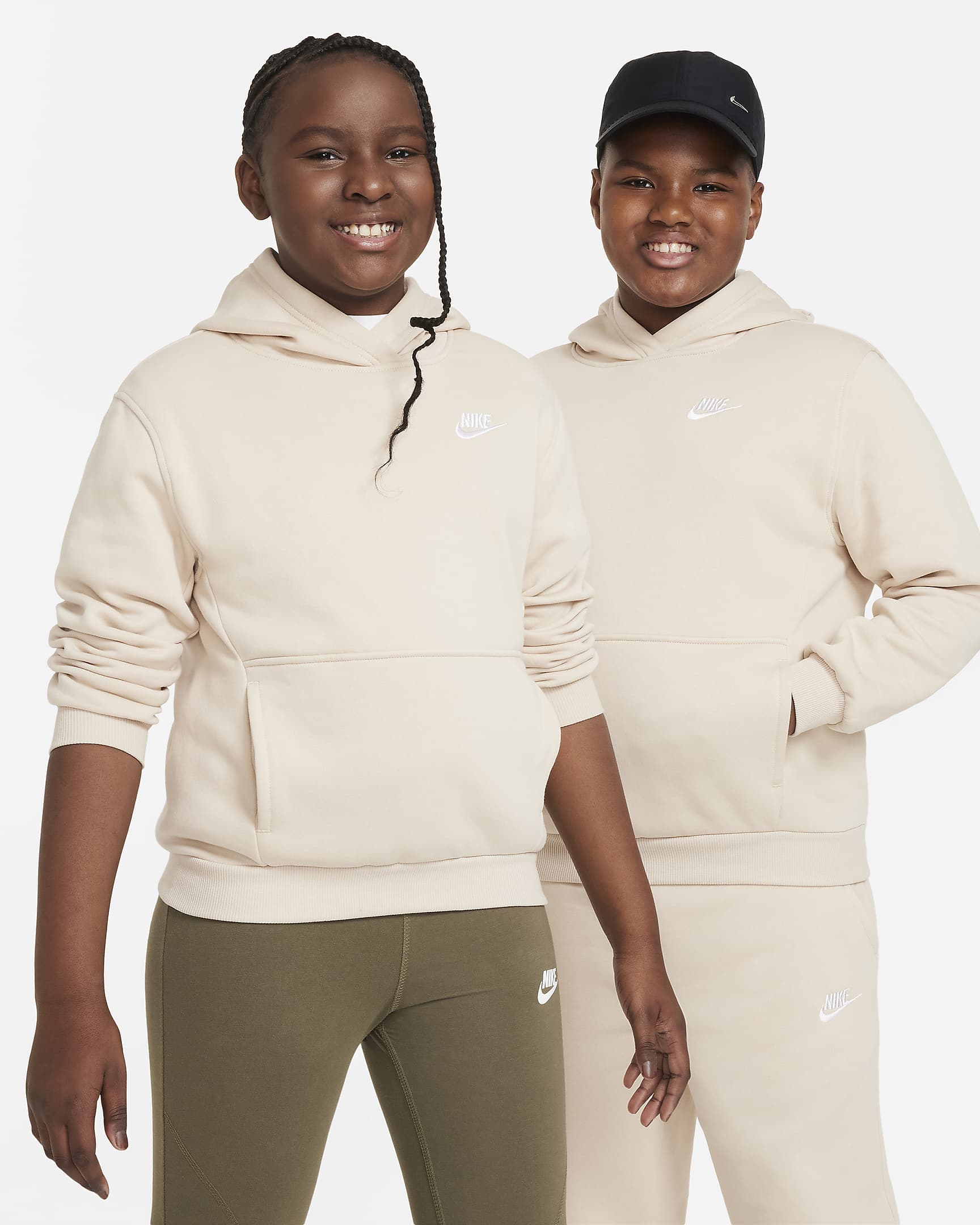 Nike Sportswear Club Fleece Big Kids' Pullover Hoodie (Extended Size) - Sanddrift/White