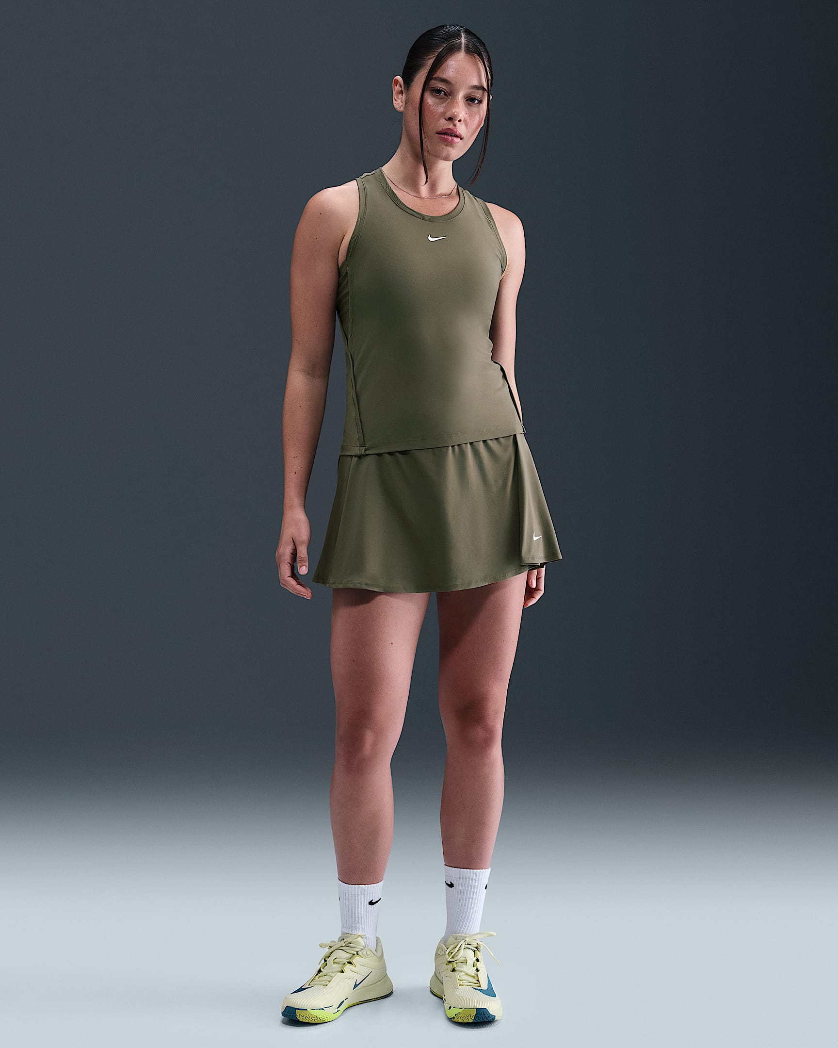 Nike Victory Women's Dri-FIT Short Flouncy Tennis Skirt - Medium Olive/Medium Olive/White