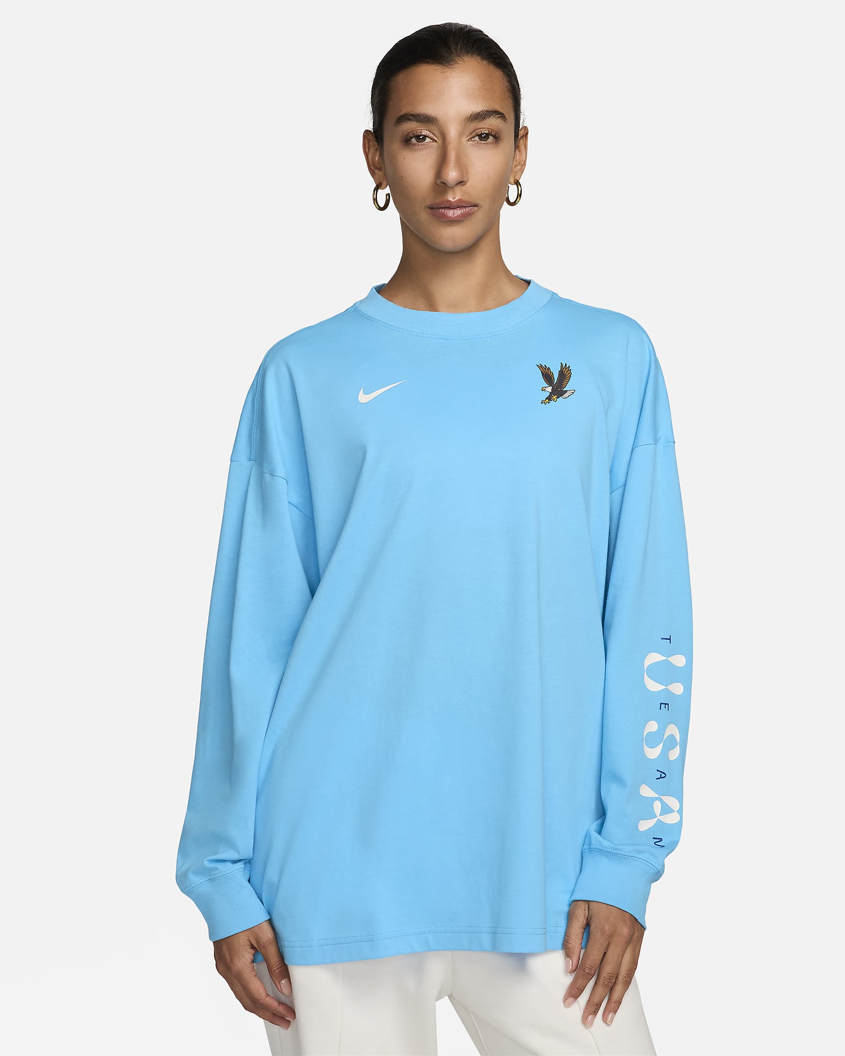 Langærmet USA Essentials Nike-trøje til kvinder - Baltic Blue/hvid