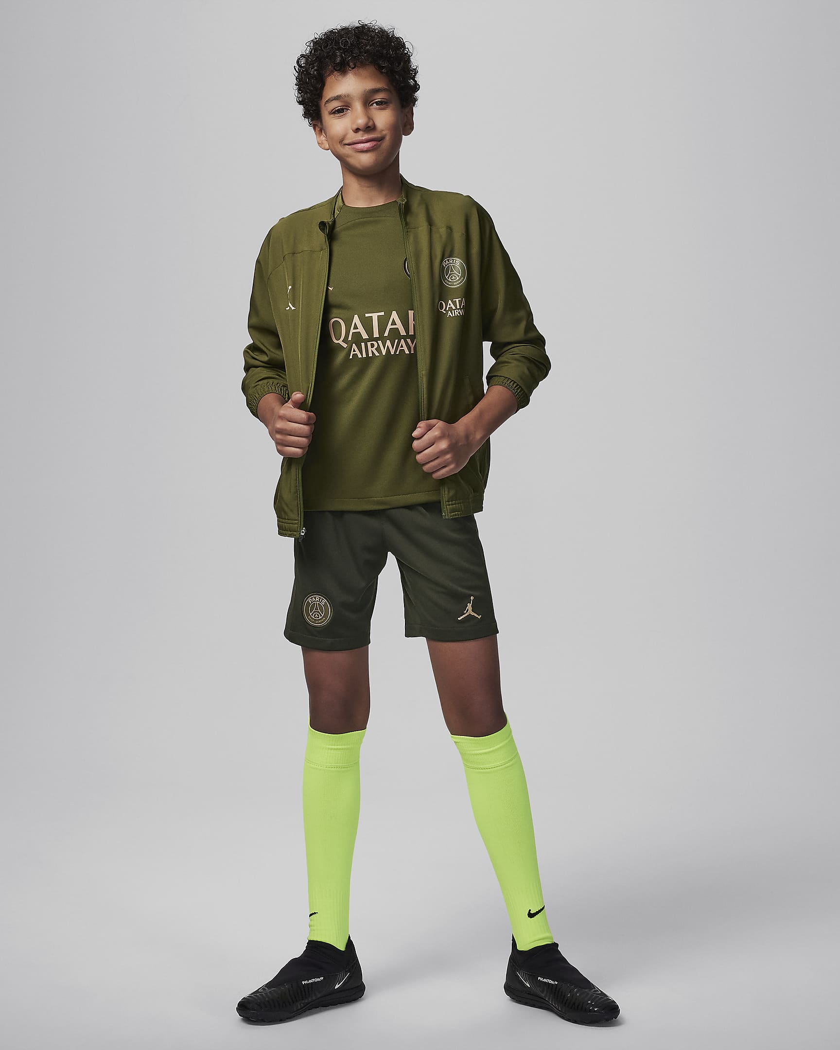 Paris Saint-Germain Strike Fourth Big Kids' Jordan Dri-FIT Soccer Knit Top - Rough Green/Rough Green/Dark Obsidian/Hemp