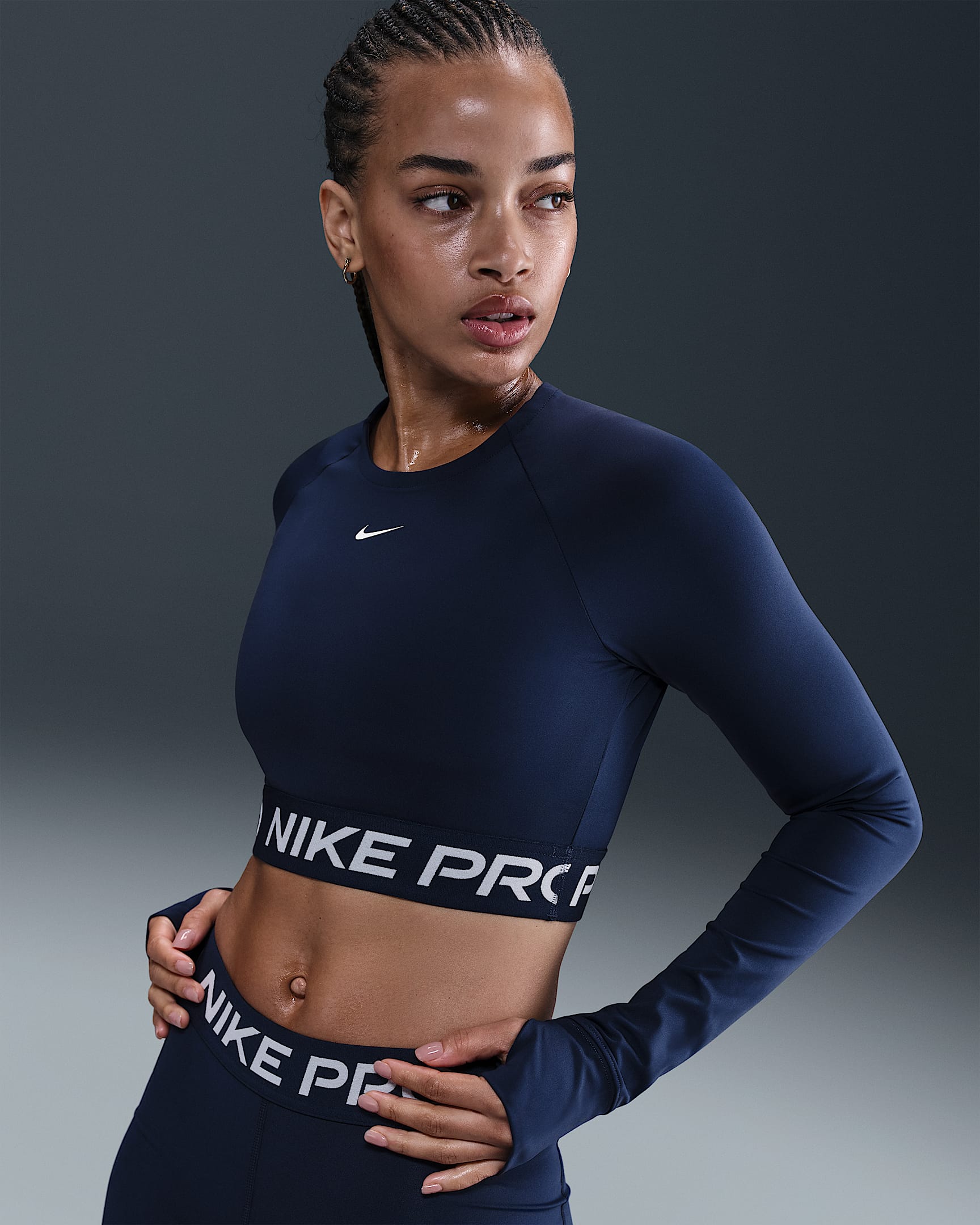 Nike Pro Women's Dri-FIT Cropped Long-Sleeve Top - Midnight Navy/White