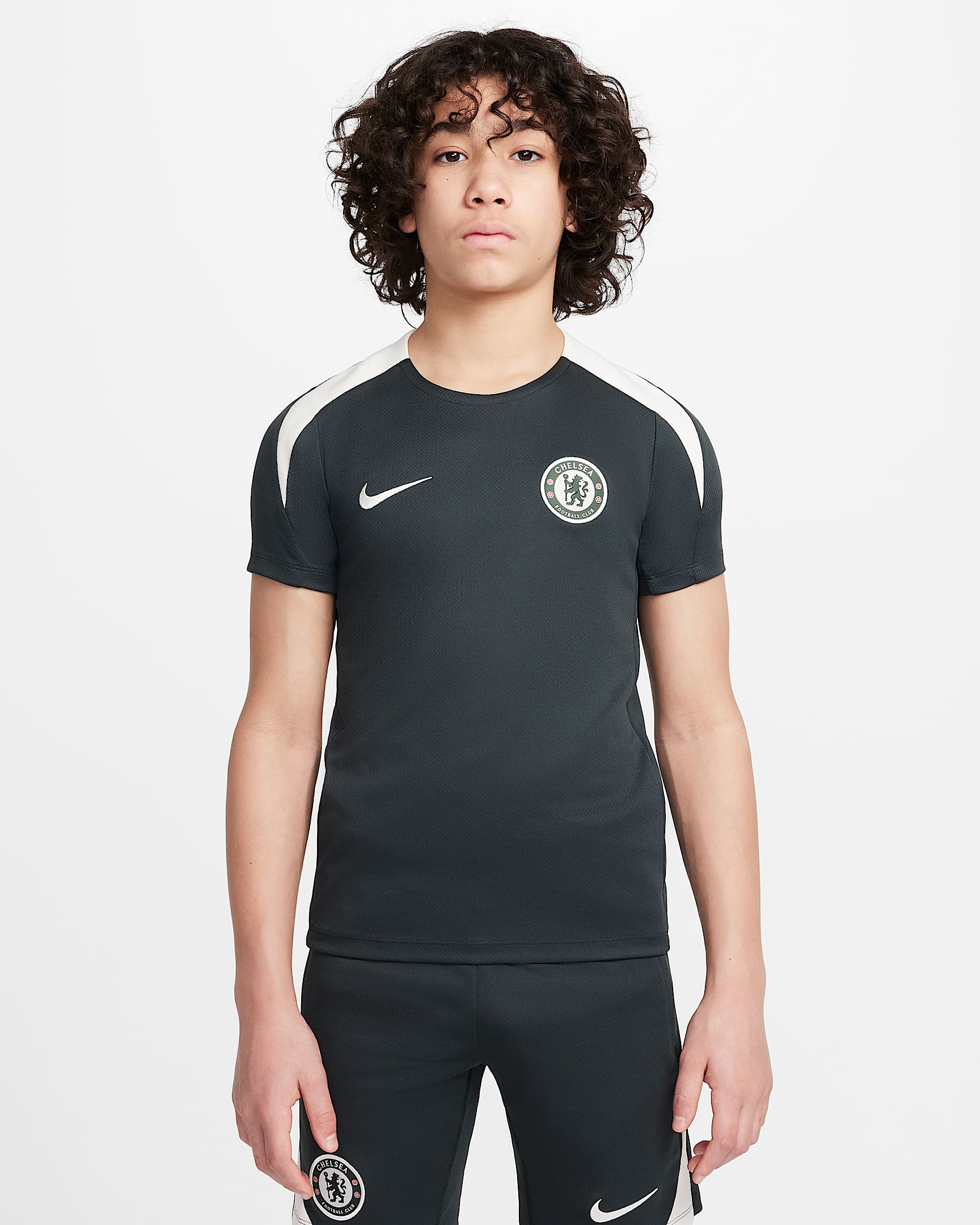 Chelsea FC Strike Big Kids' Nike Dri-FIT Soccer Short-Sleeve Top - Outdoor Green/Outdoor Green/Phantom/Phantom