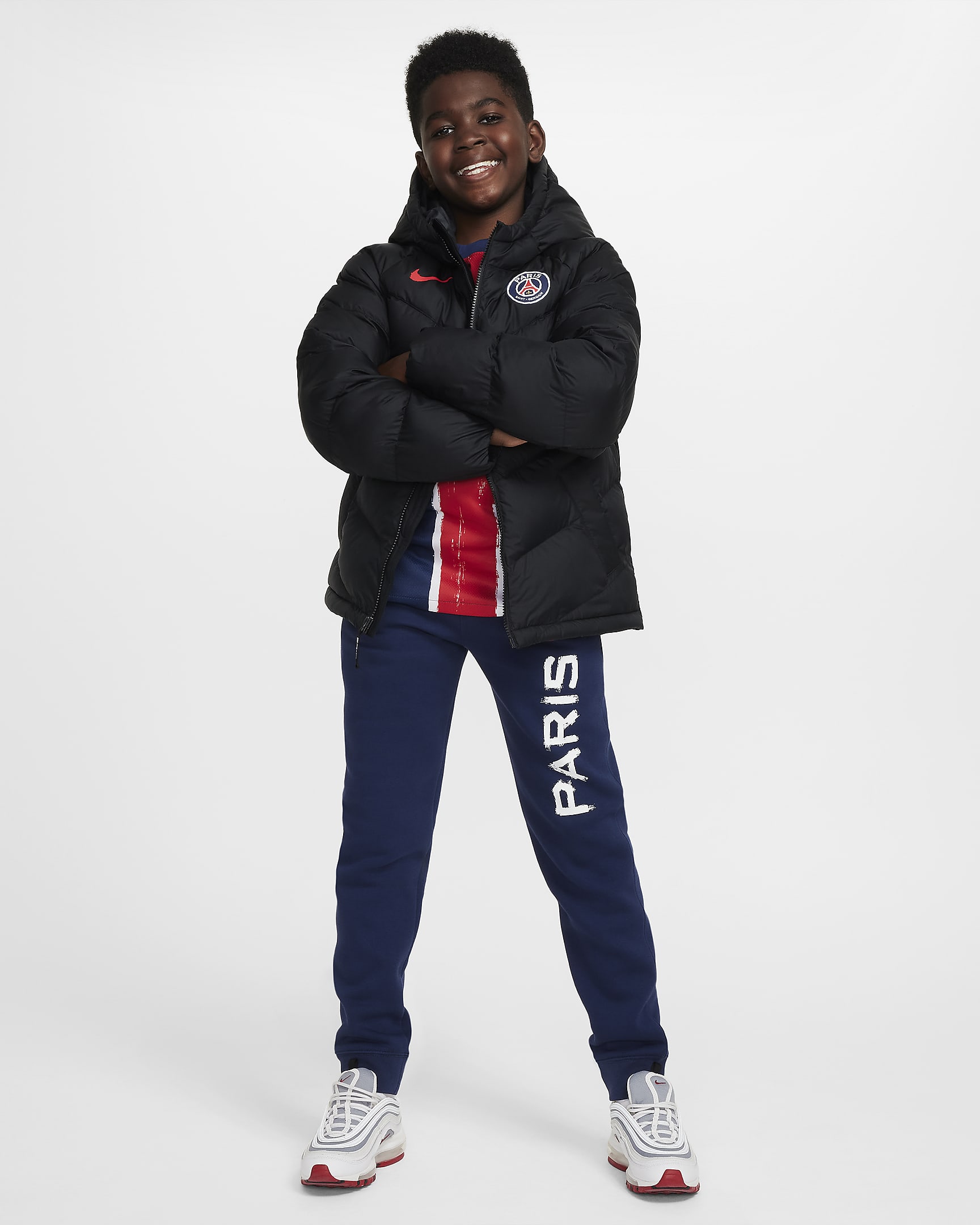 Paris Saint-Germain Nike Fußballjacke mit Synthetikfüllung und Kapuze für ältere Kinder - Schwarz/Schwarz/University Red