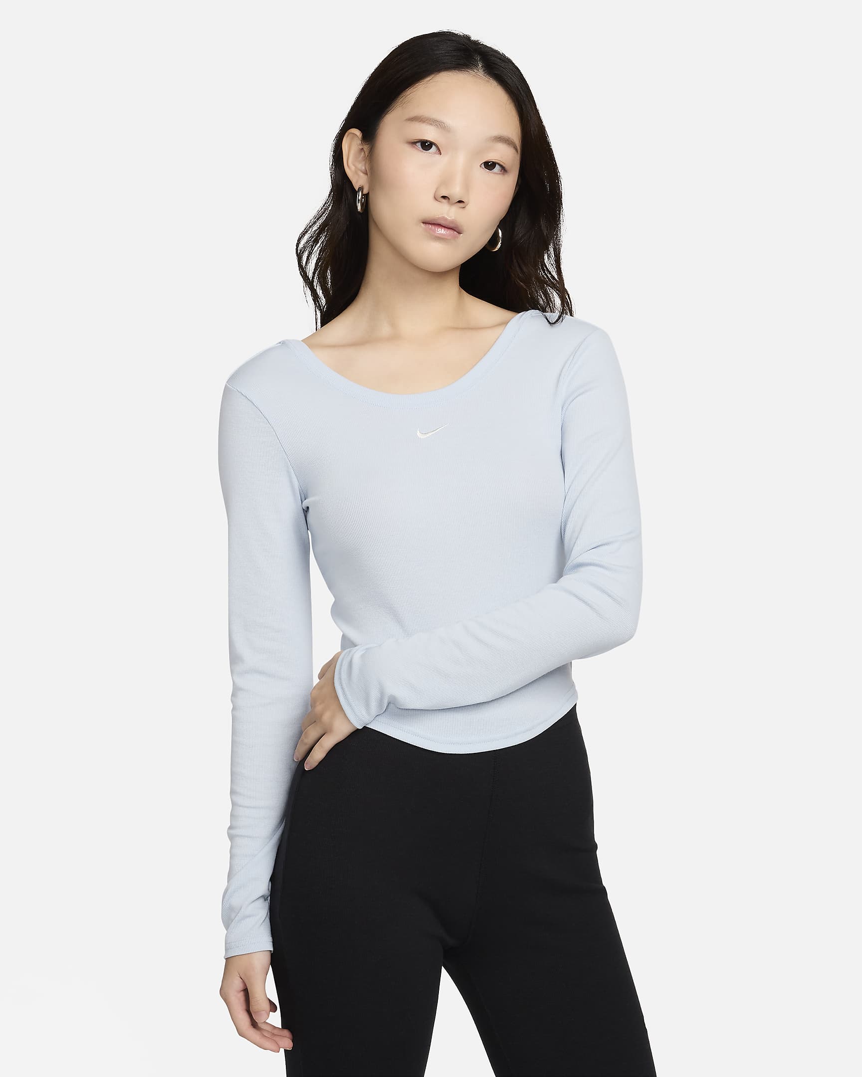 Nike Sportswear Chill Knit Women's Tight Scoop-Back Long-Sleeve Mini-Rib Top - Light Armoury Blue/Sail