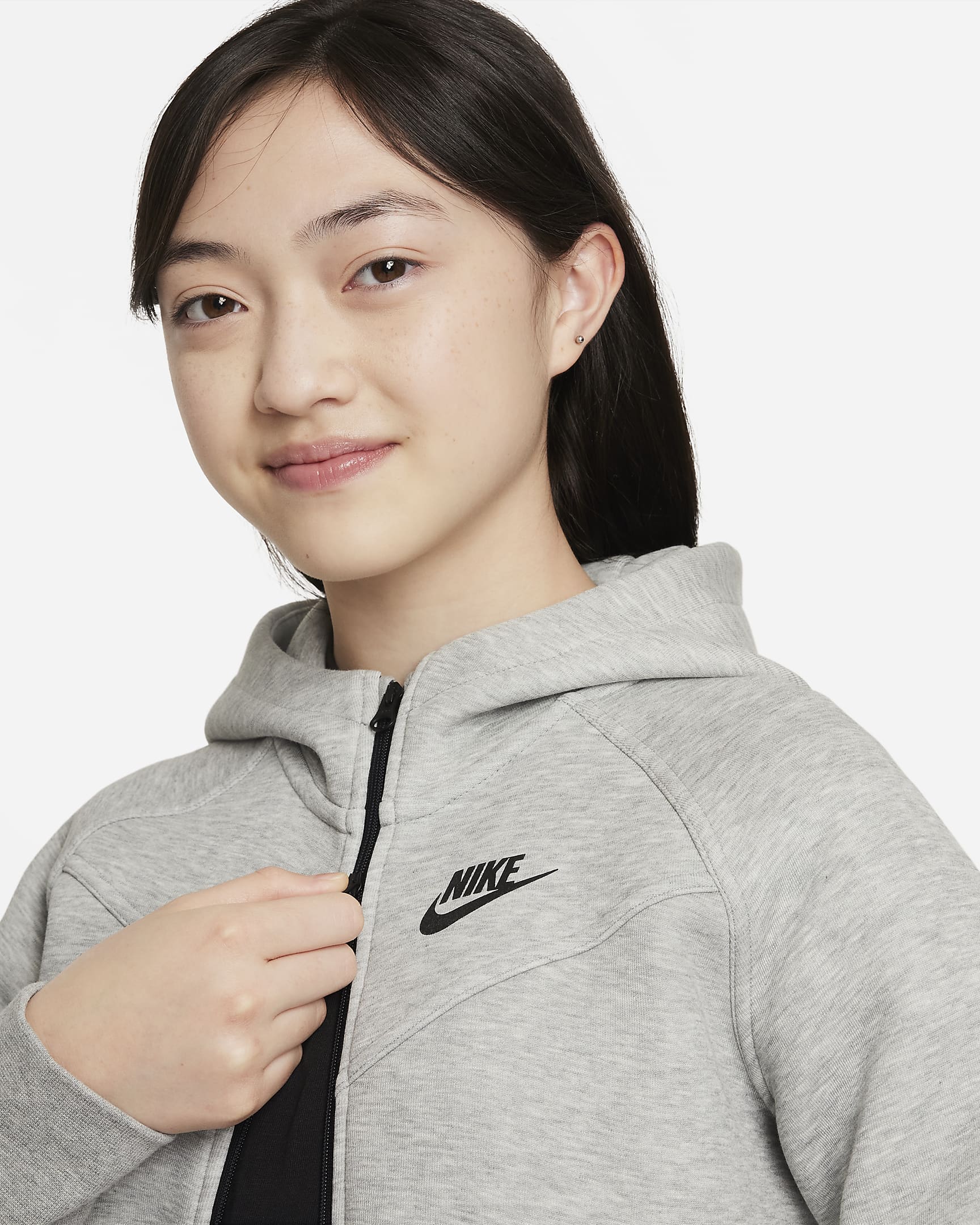 Nike Sportswear Tech Fleece Big Kids' (Girls') Full-Zip Hoodie - Dark Grey Heather/Black/Black