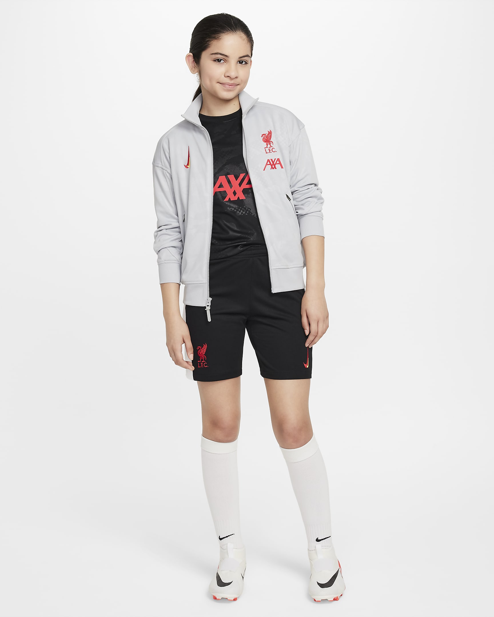 Fotbalová bunda Nike Dri-FIT Anthem FC Liverpool Academy Pro pro větší děti, třetí - Light Smoke Grey/Černá/Global Red