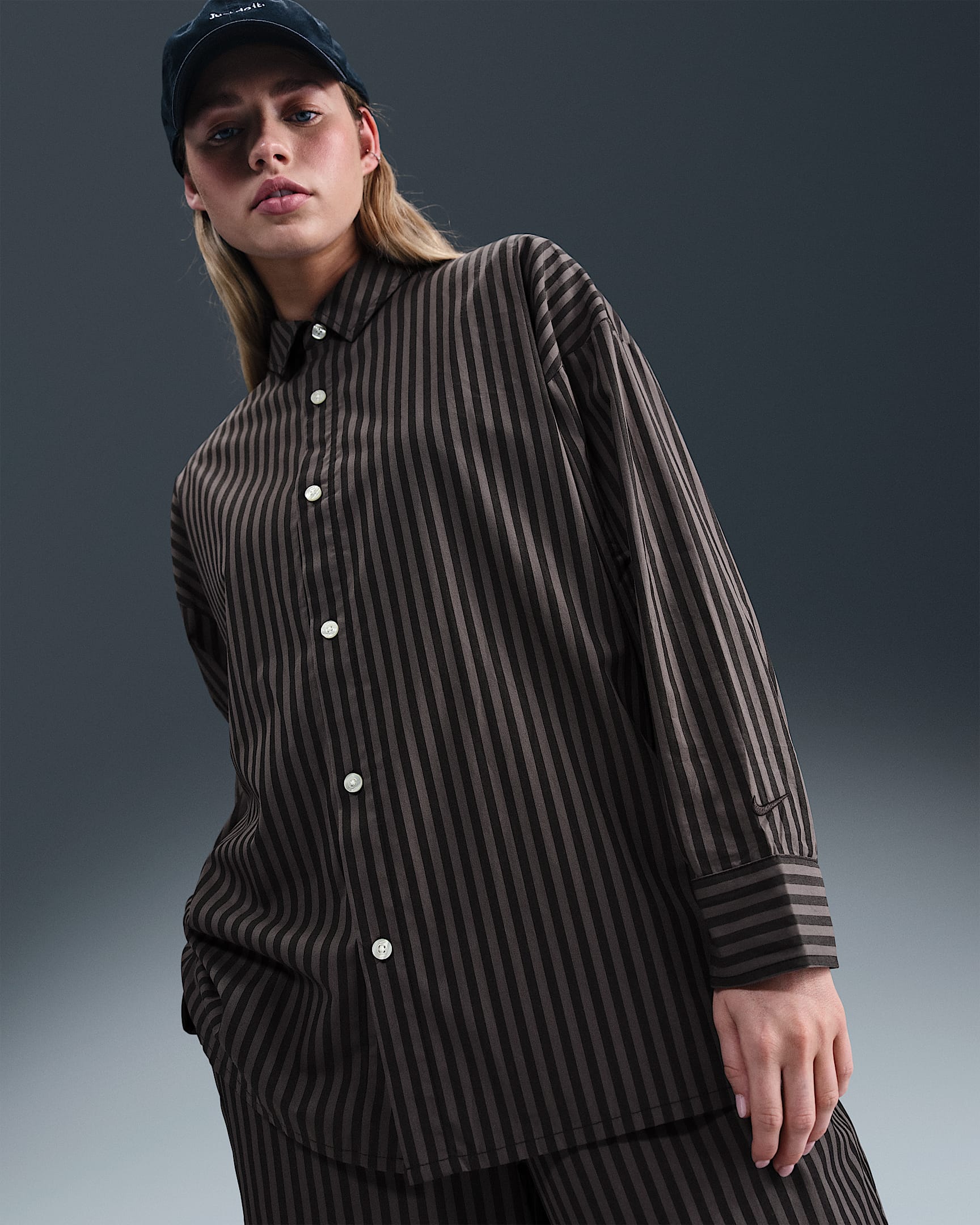 Nike Sportswear Chill Poplin Women's Oversized Striped Button-Down Top - Black/Thunder Grey/Black