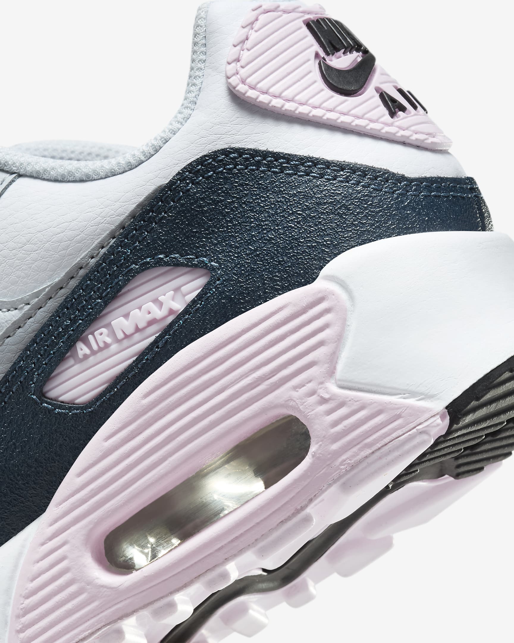 Tenis para niños grandes Nike Air Max 90 - Blanco/Espuma rosa/Azul marino militar/Gris lobo