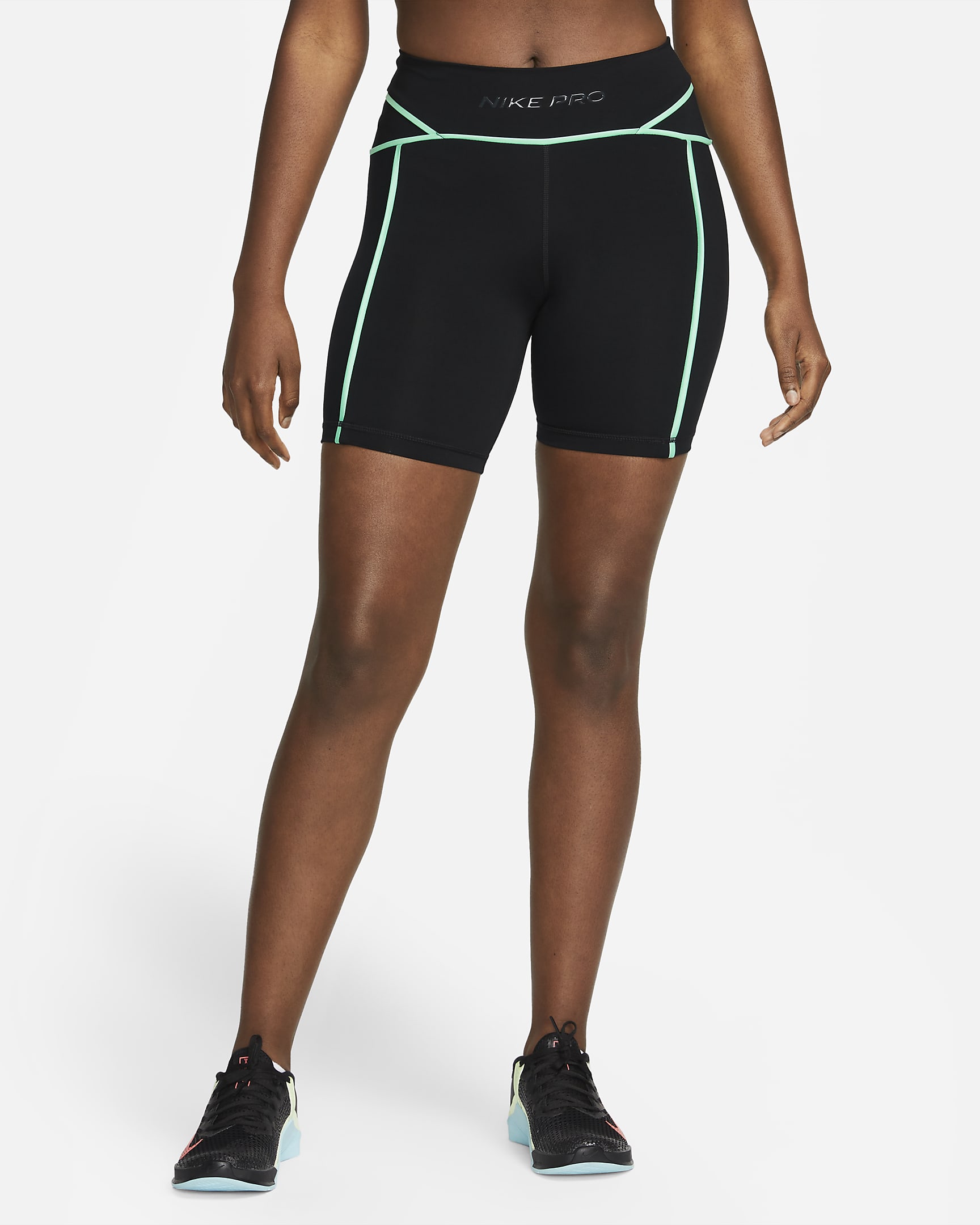 Nike Pro Women's Mid-Rise 7" Biker Shorts - Black/Green Glow/Dark Smoke Grey