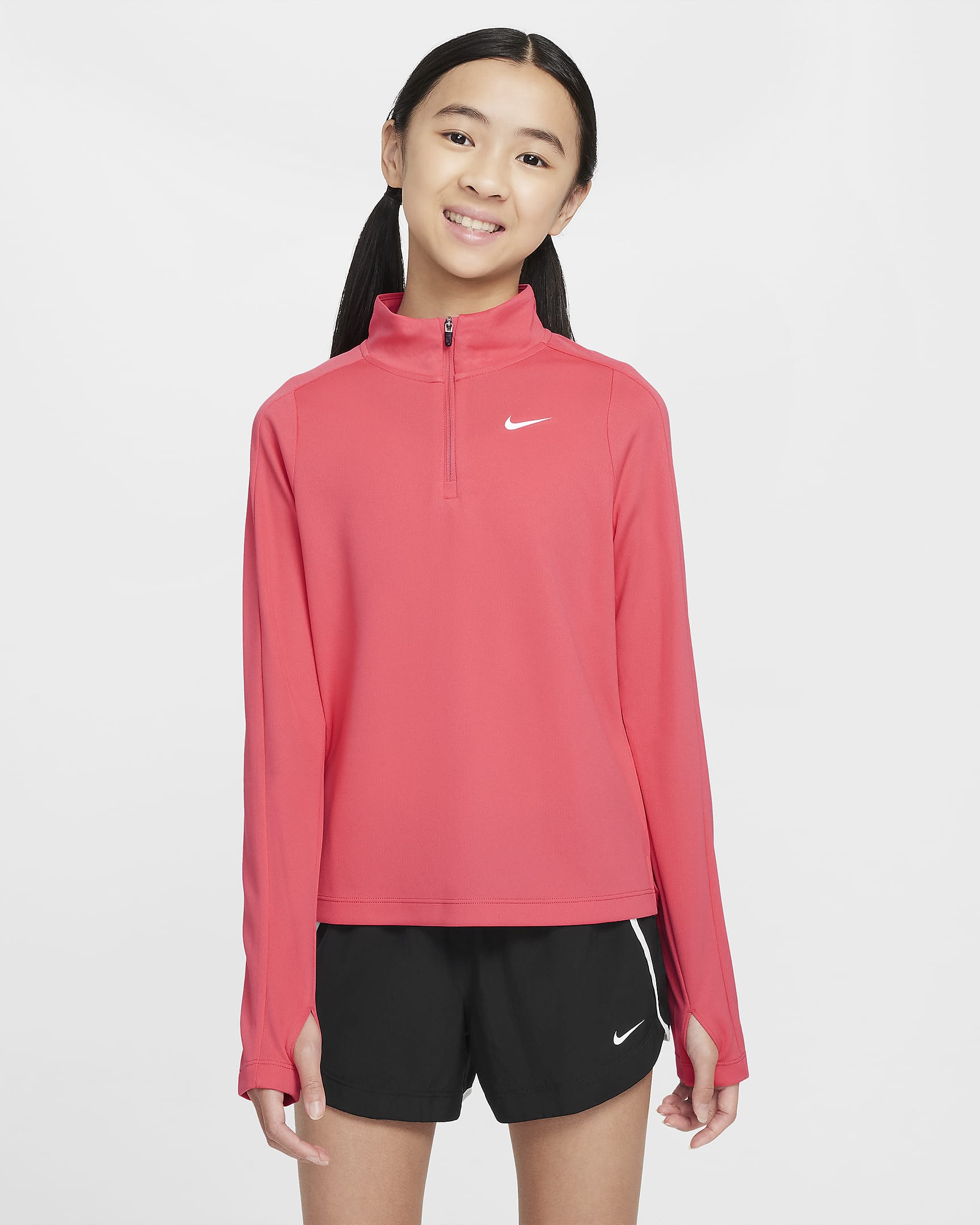 Nike Dri-FIT langermet overdel med halv glidelås til store barn (jente) - Aster Pink/Hvit