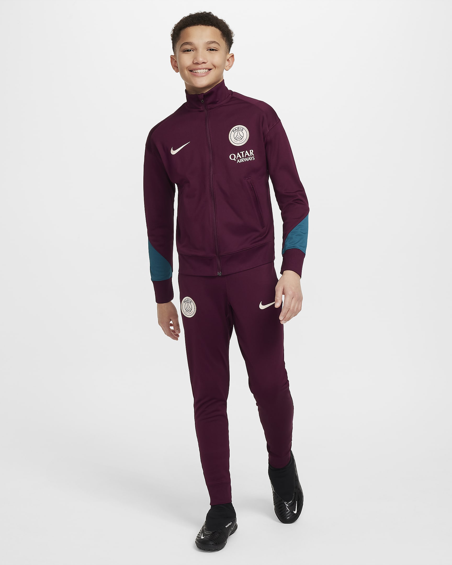 Paris Saint-Germain Strike Nike Dri-FIT strikket fotballtracksuit til store barn - Bordeaux/Geode Teal/Guava Ice