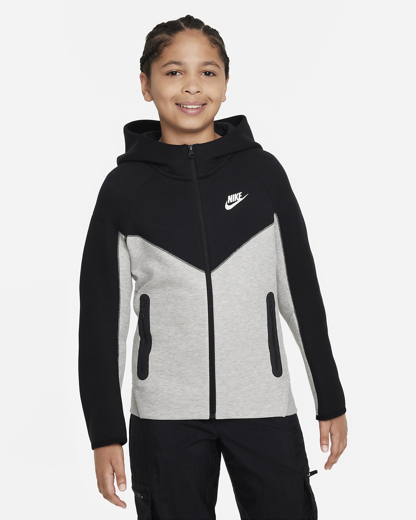 Nike Sportswear Tech Fleece Big Kids' (Boys') Full-Zip Hoodie - Dark Grey Heather/Black/Black/White