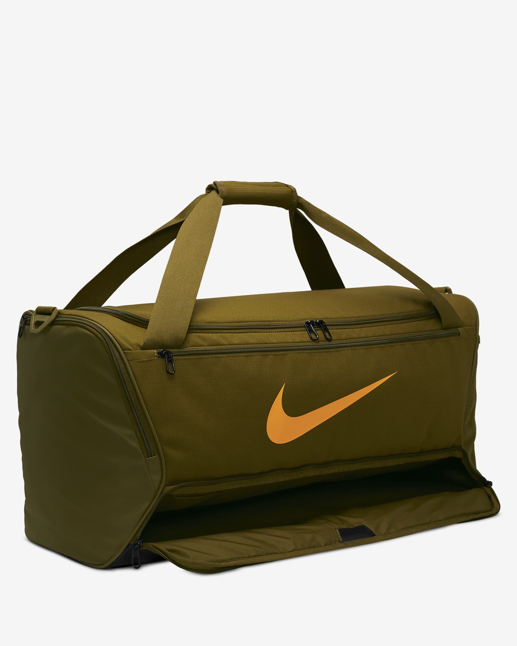 Nike Brasilia 9.5 Training Duffel Bag (Medium, 60L) - Olive Flak/Black/Vivid Orange