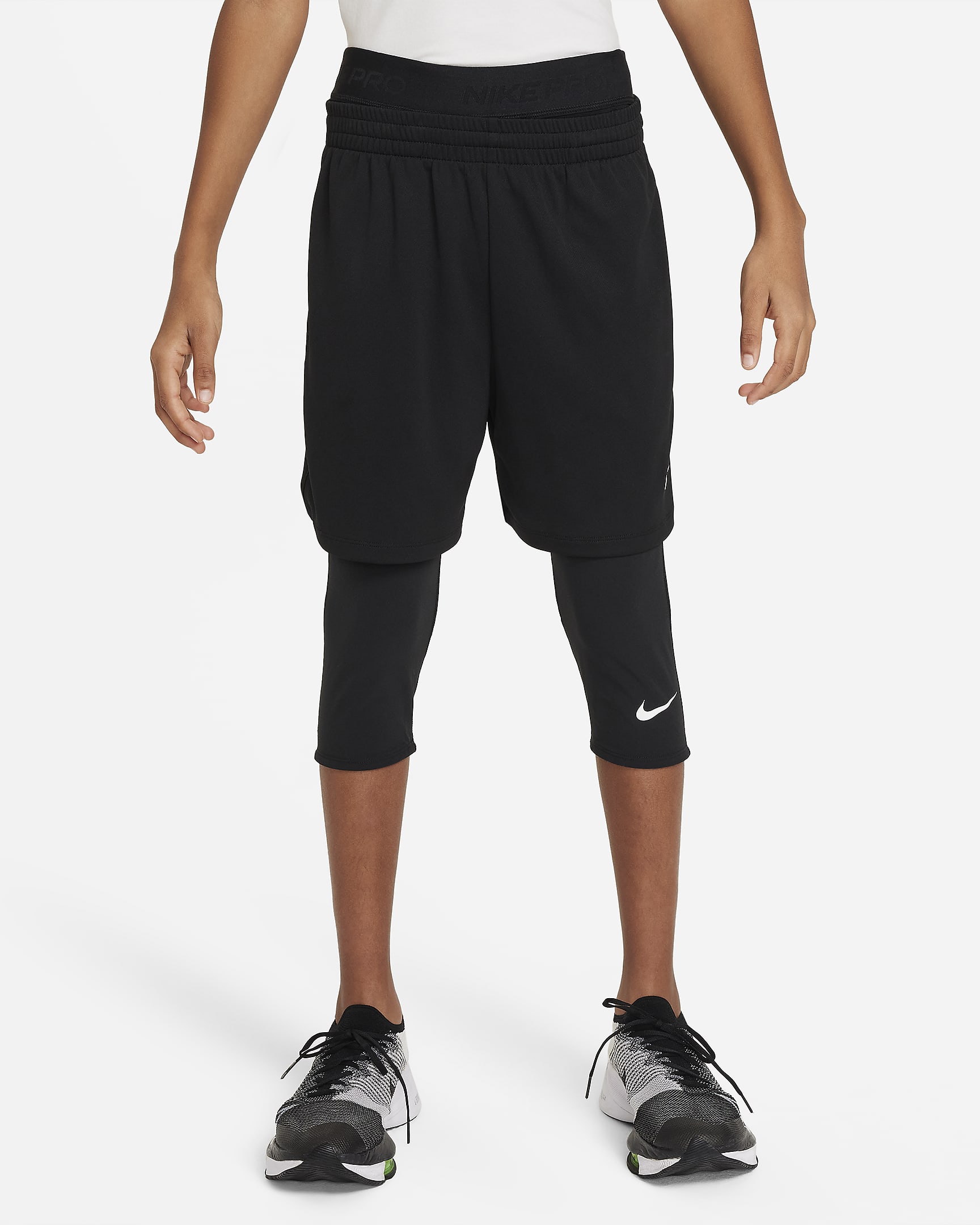 Legginsy o długości 3/4 dla dużych dzieci (chłopców) Nike Pro Dri-FIT - Czerń/Czerń/Biel