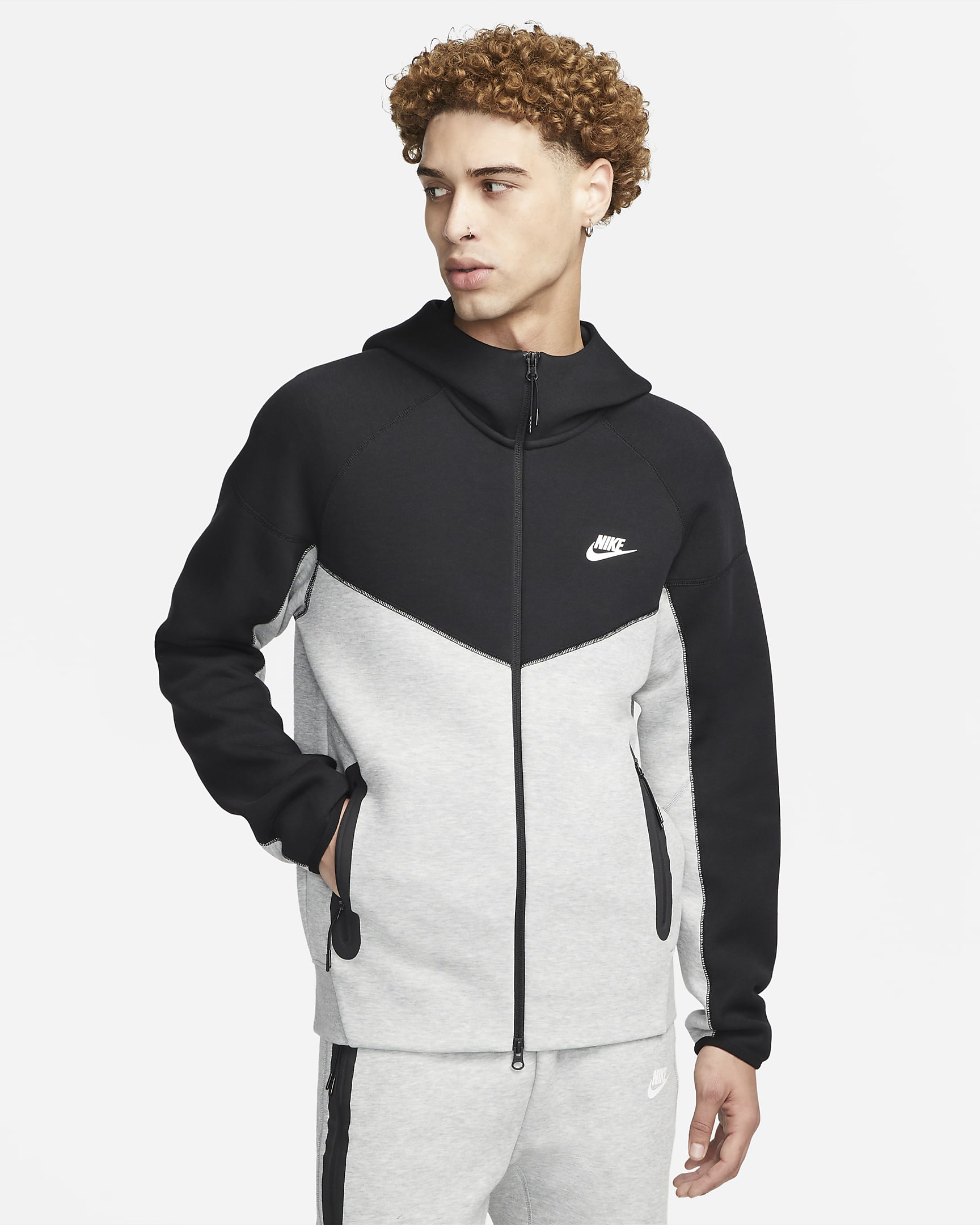 Nike Sportswear Tech Fleece Windrunner Tam Boy Fermuarlı Erkek Kapüşonlu Üst - Dark Grey Heather/Siyah/Beyaz