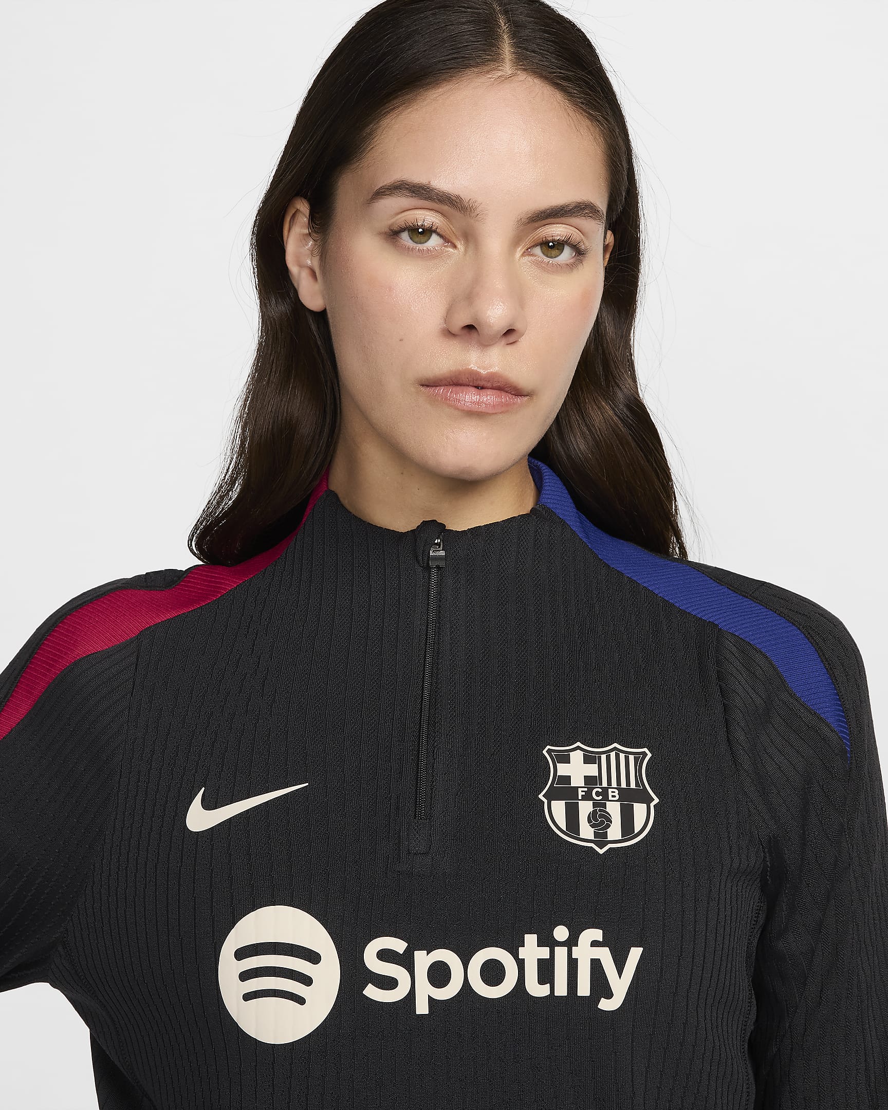 Haut d'entraînement de foot en maille Nike Dri-FIT ADV FC Barcelona Strike Elite pour femme - Noir/Noble Red/Deep Royal Blue/Light Orewood Brown