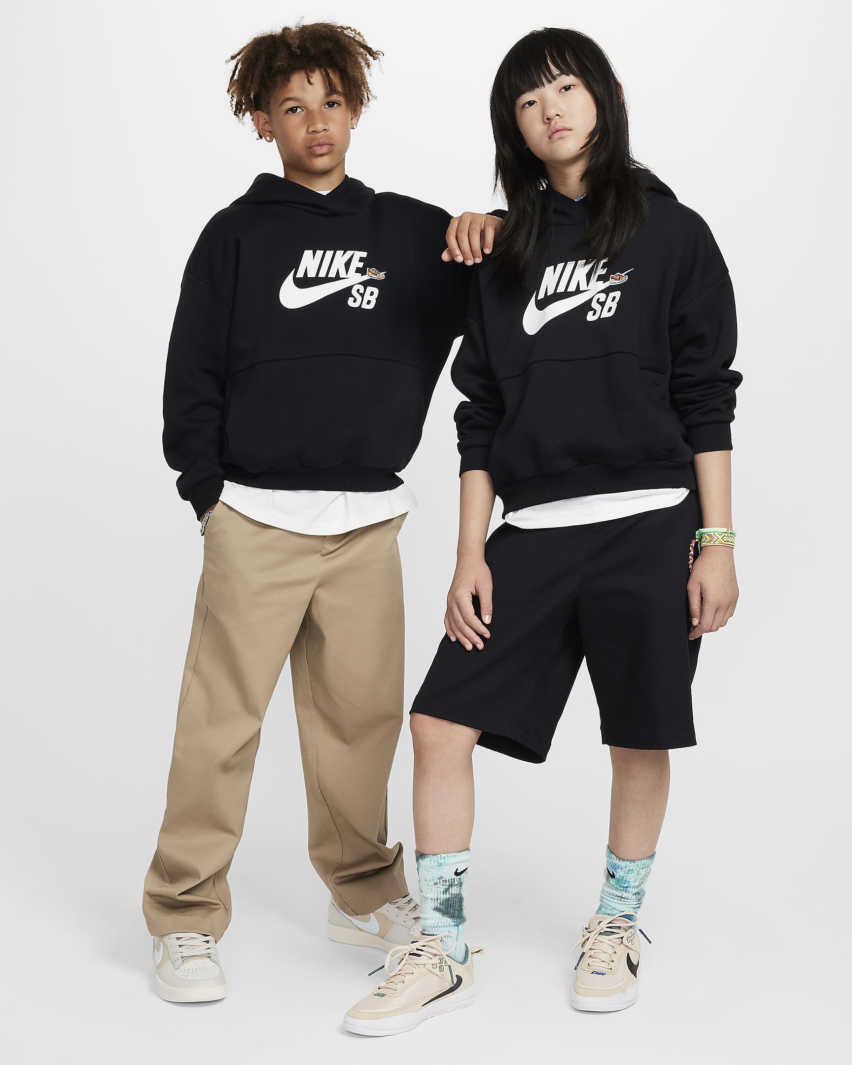 Nike SB Icon Fleece EasyOn Big Kids' Oversized Pullover Hoodie - Black/Black/White