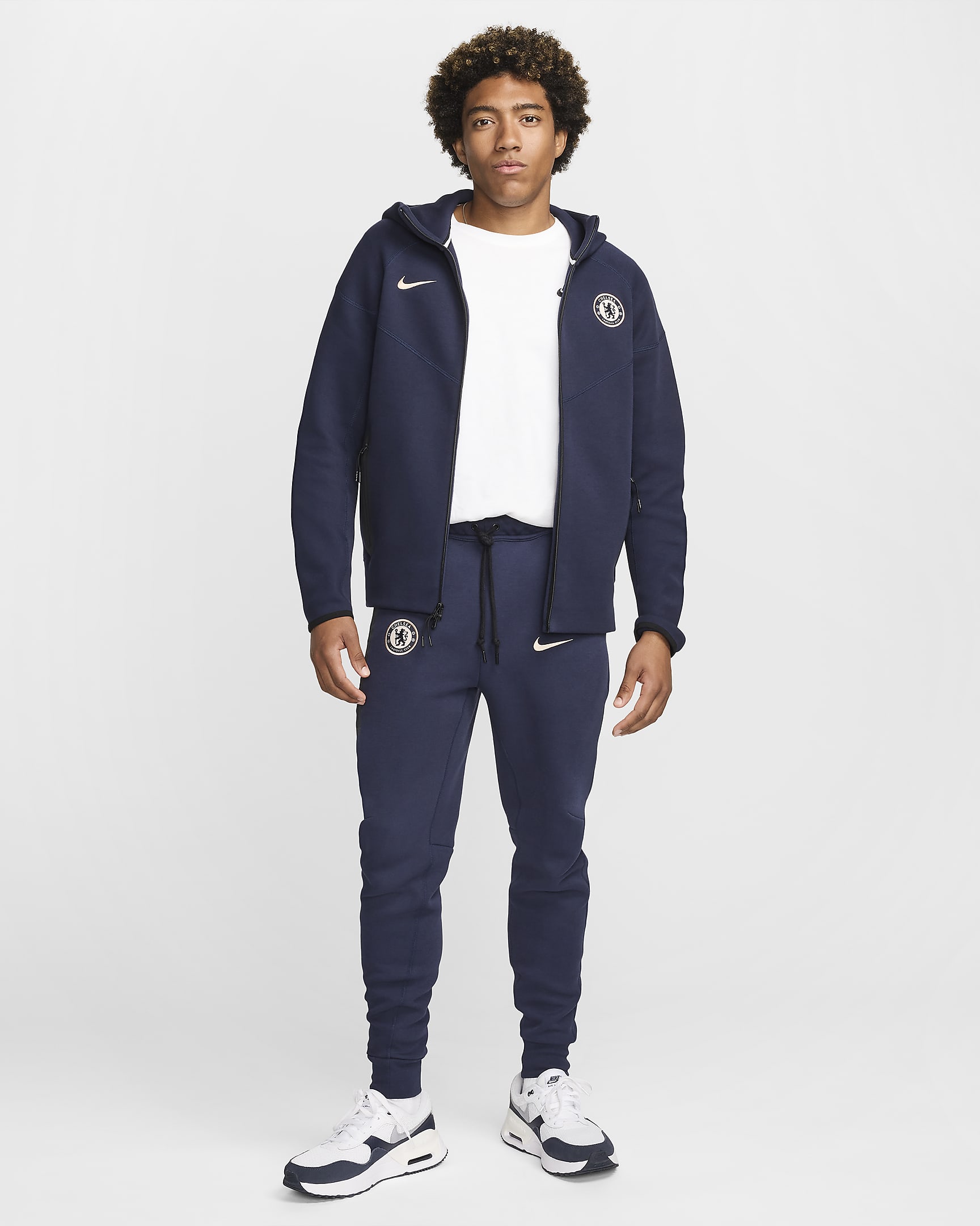 Chelsea FC Tech Fleece Windrunner Nike Tam Boy Fermuarlı Erkek Kapüşonlu Futbol Üstü - Obsidian/Guava Ice