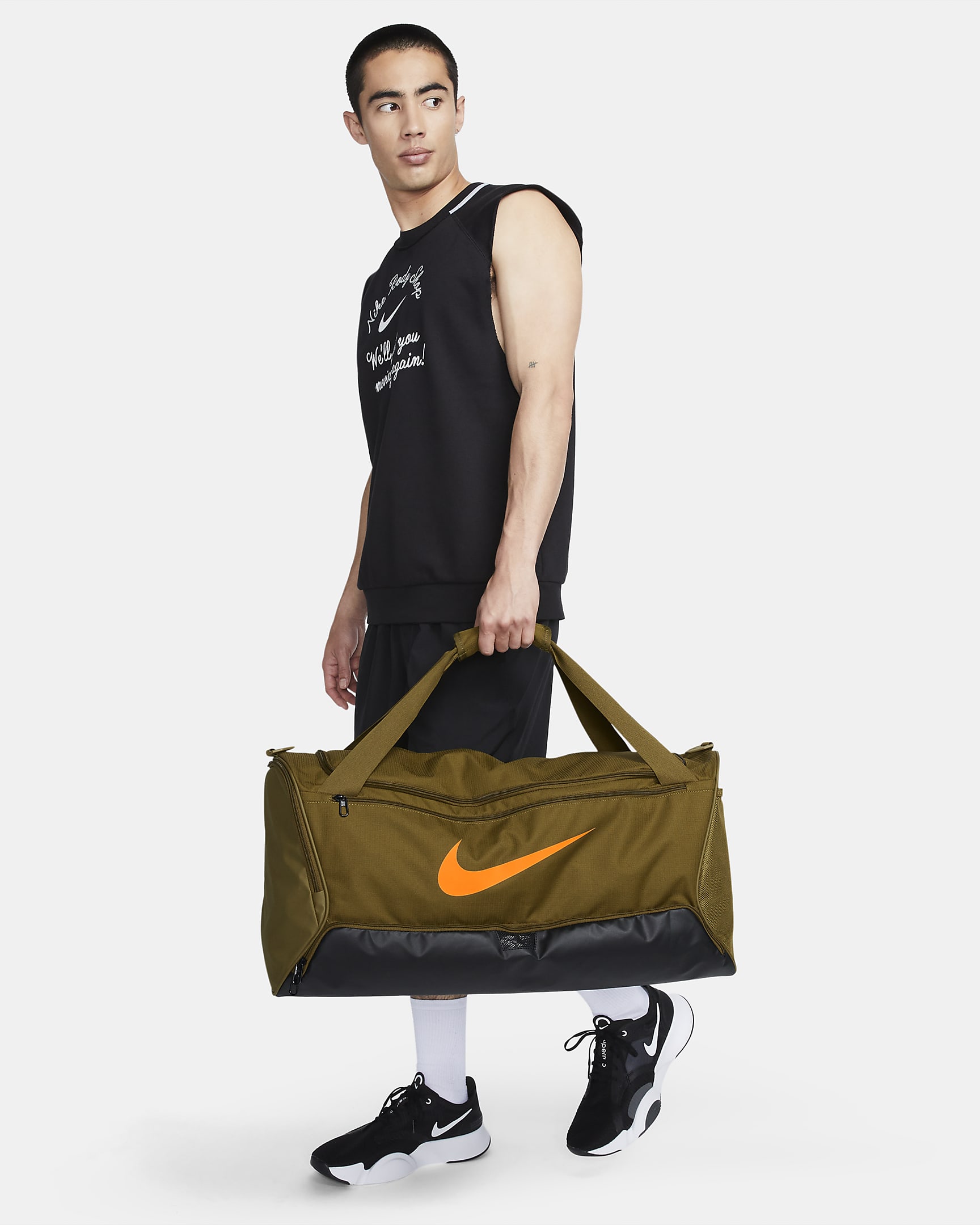 Nike Brasilia 9.5 Training Duffel Bag (Medium, 60L) - Olive Flak/Black/Vivid Orange