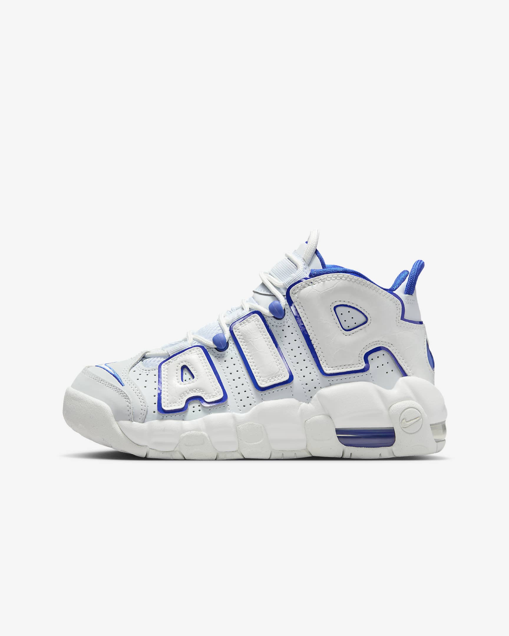 Tenis para niños grandes Nike Air More Uptempo - Blanco cumbre/Gris fútbol/Azul carrera