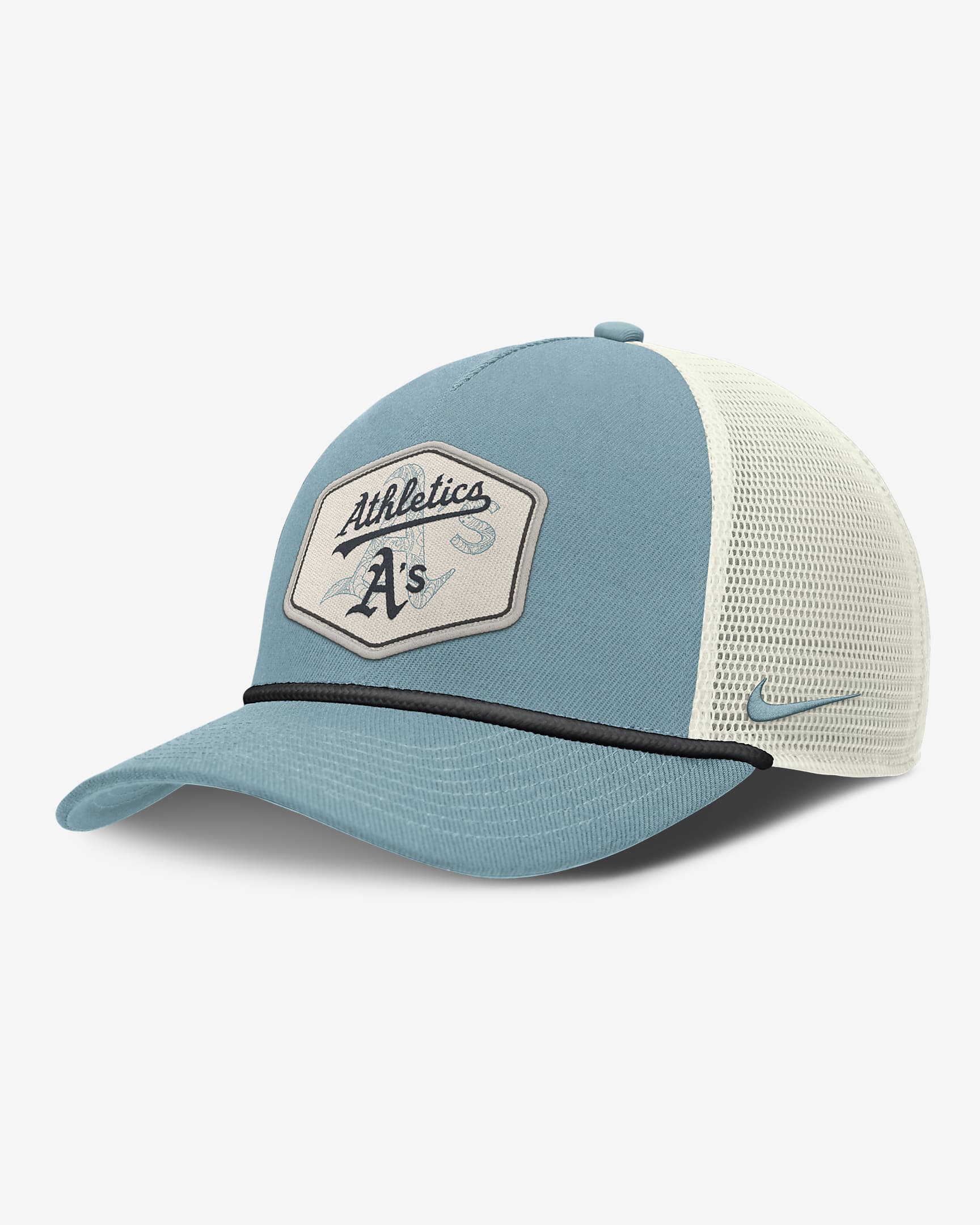 Oakland Athletics Rise Tech Men's Nike Dri-FIT MLB Trucker Adjustable Hat - Denim Turquoise