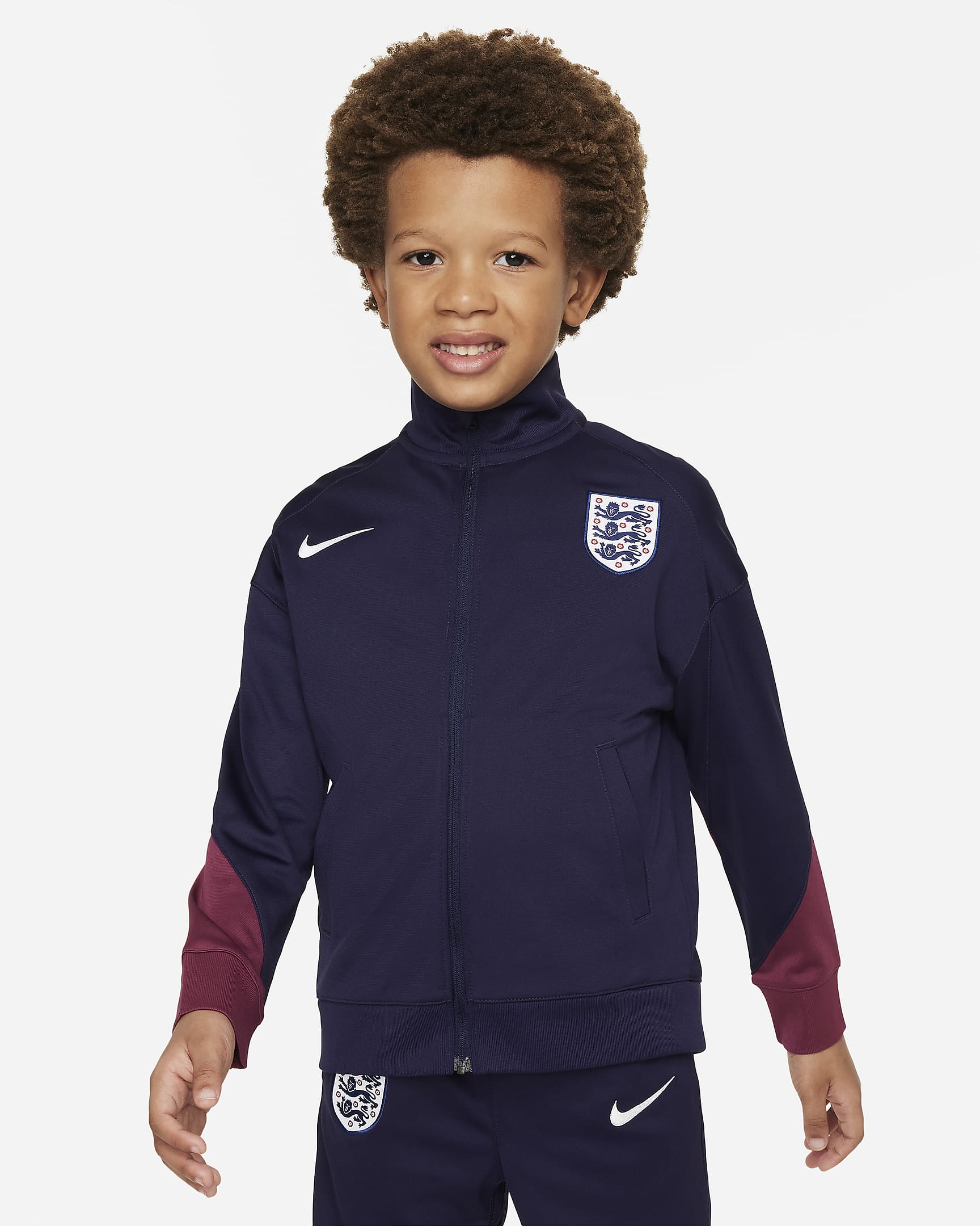 England Strike Dri-FIT-Fußball-Trainingsanzug aus Strickmaterial für jüngere Kinder - Purple Ink/Rosewood/Weiß