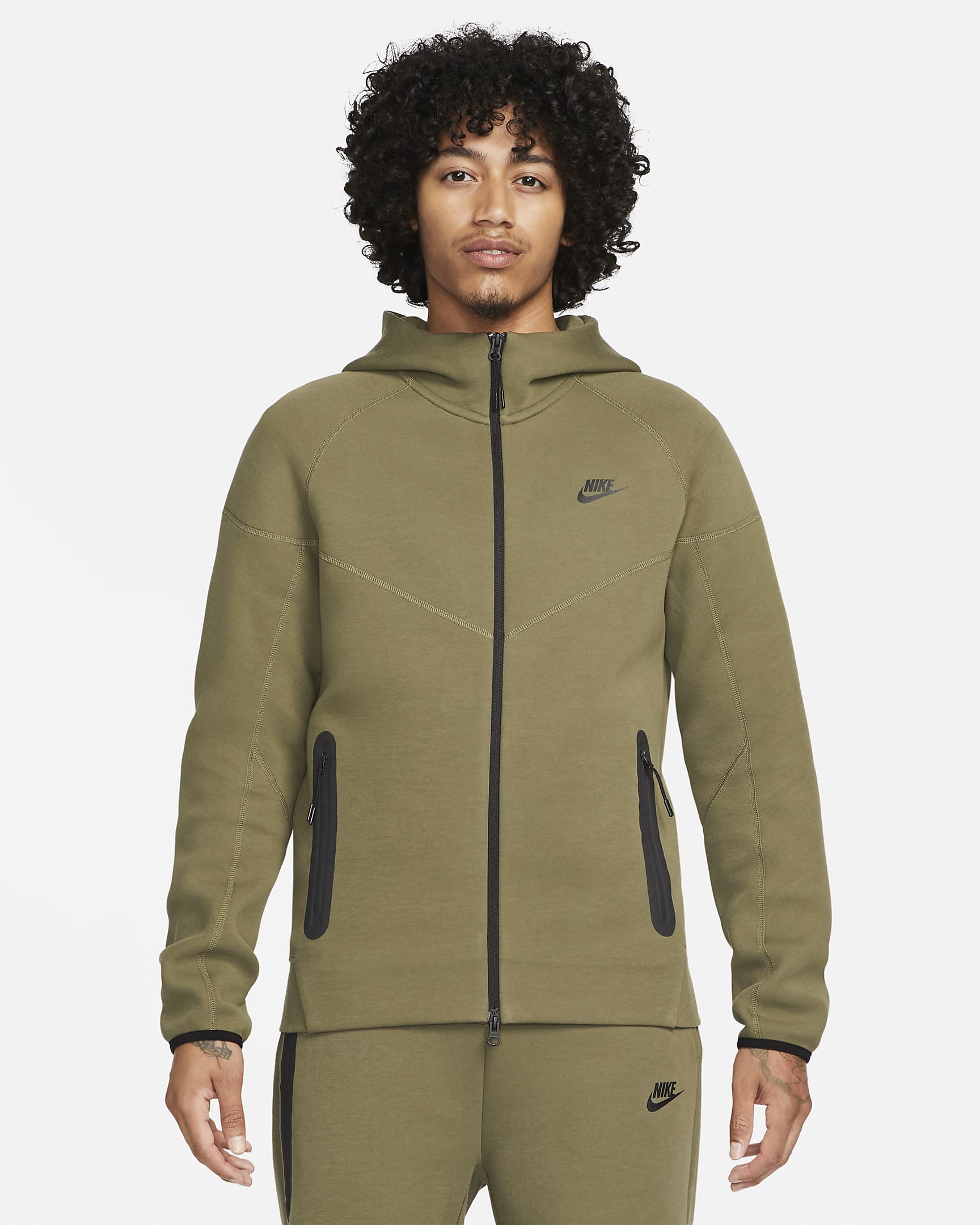 Nike Sportswear Tech Fleece Windrunner Tam Boy Fermuarlı Erkek Kapüşonlu Üst - Medium Olive/Siyah