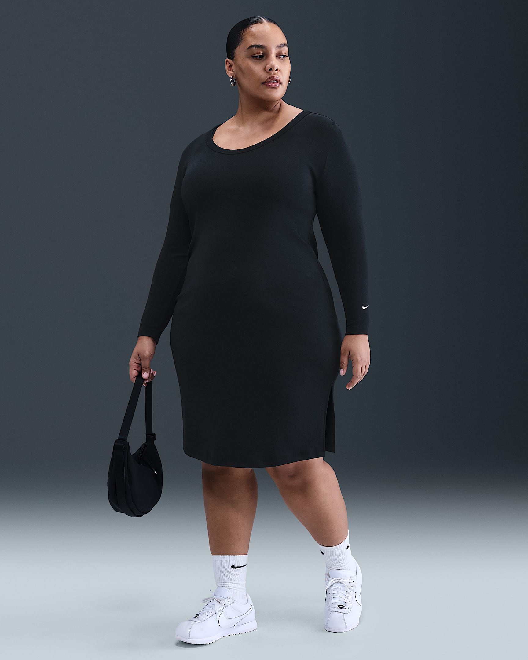Nike Sportswear Chill Knit Women's Tight Long-Sleeve Midi Mini-Rib Dress (Plus Size) - Black/Sail