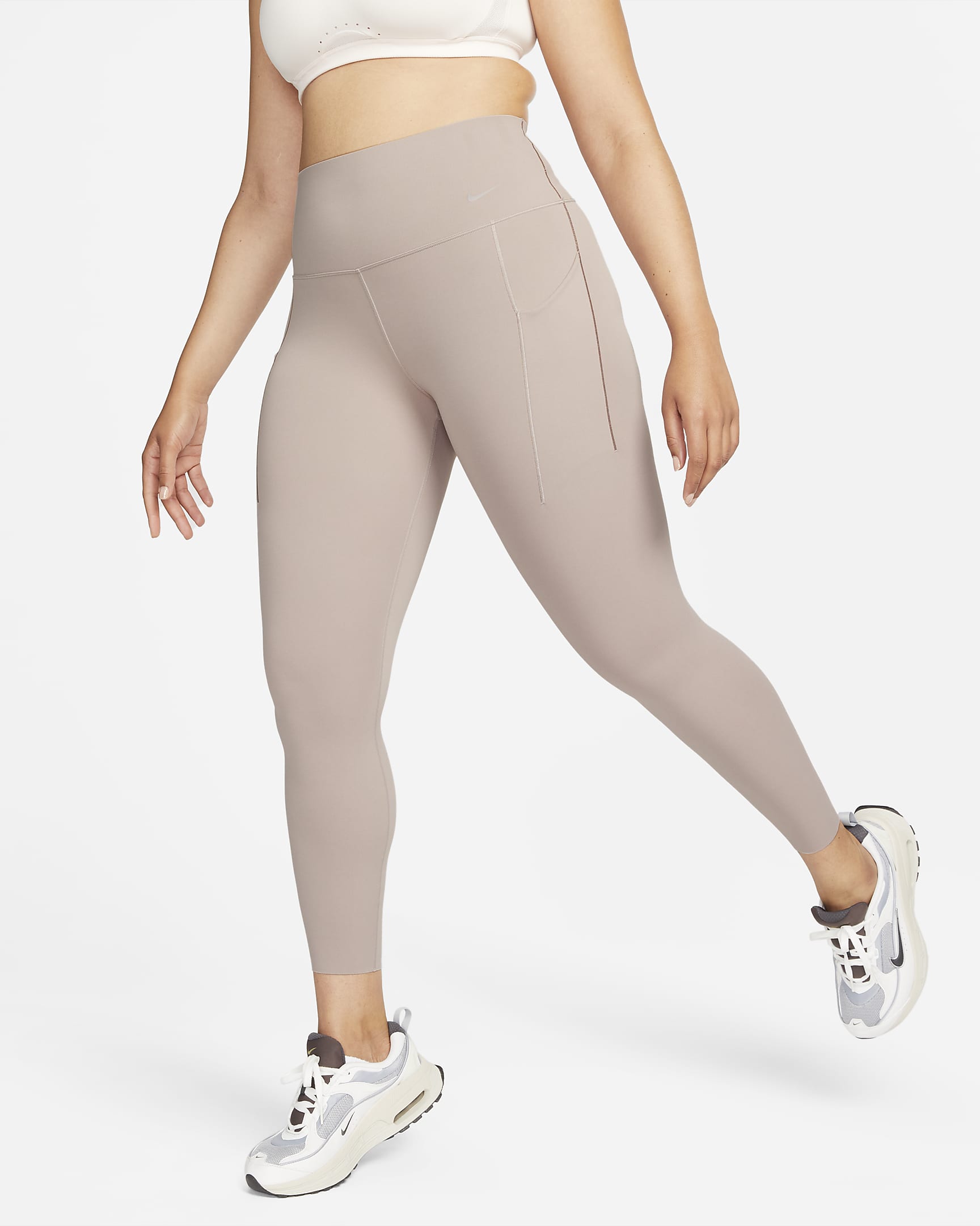 Leggings de 7/8 de tiro alto y sujeción media con bolsillos para mujer Nike Universa - Topo difuso/Negro