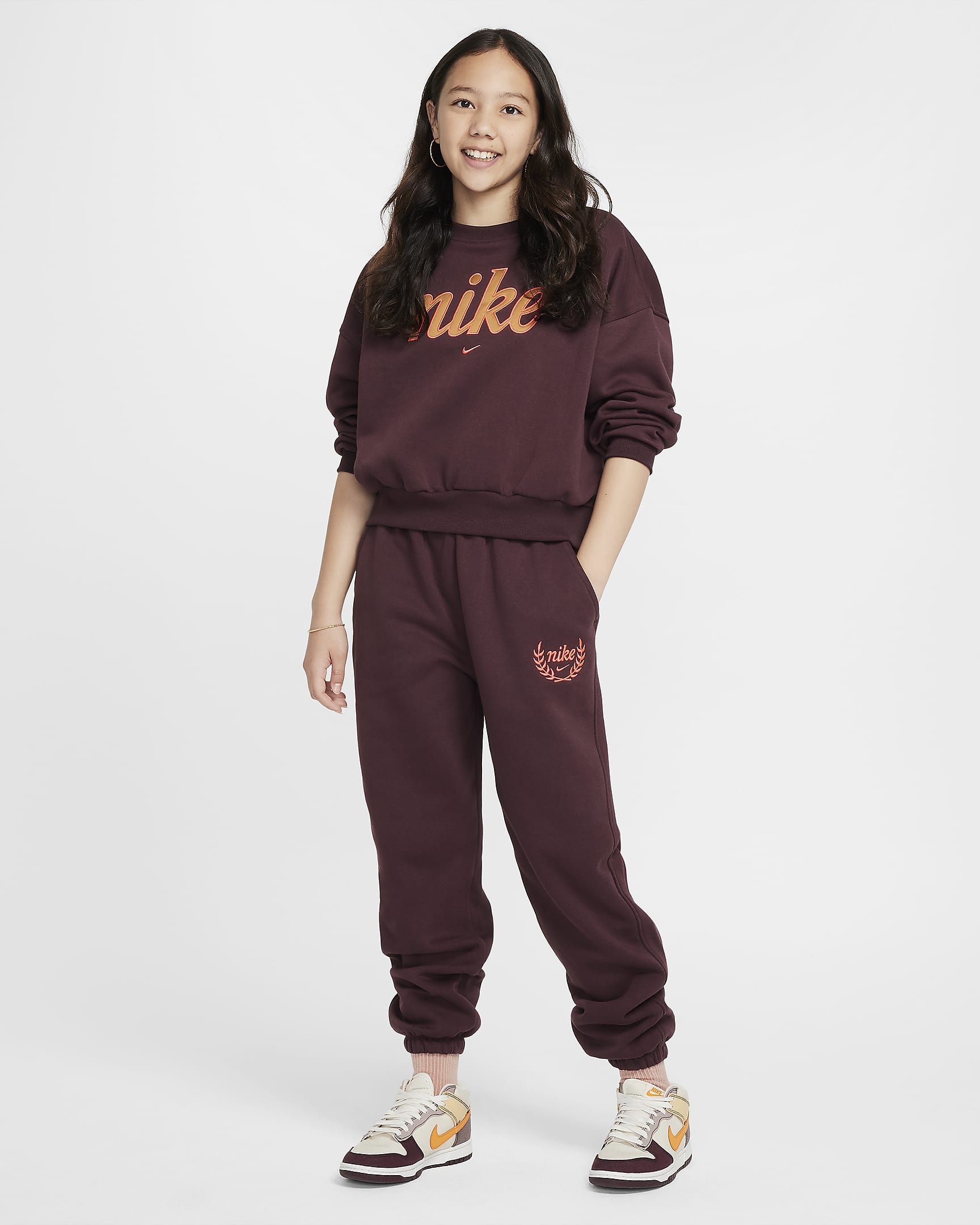 Nike Sportswear Club Fleece Girls' Loose Pants - Burgundy Crush/Hot Punch