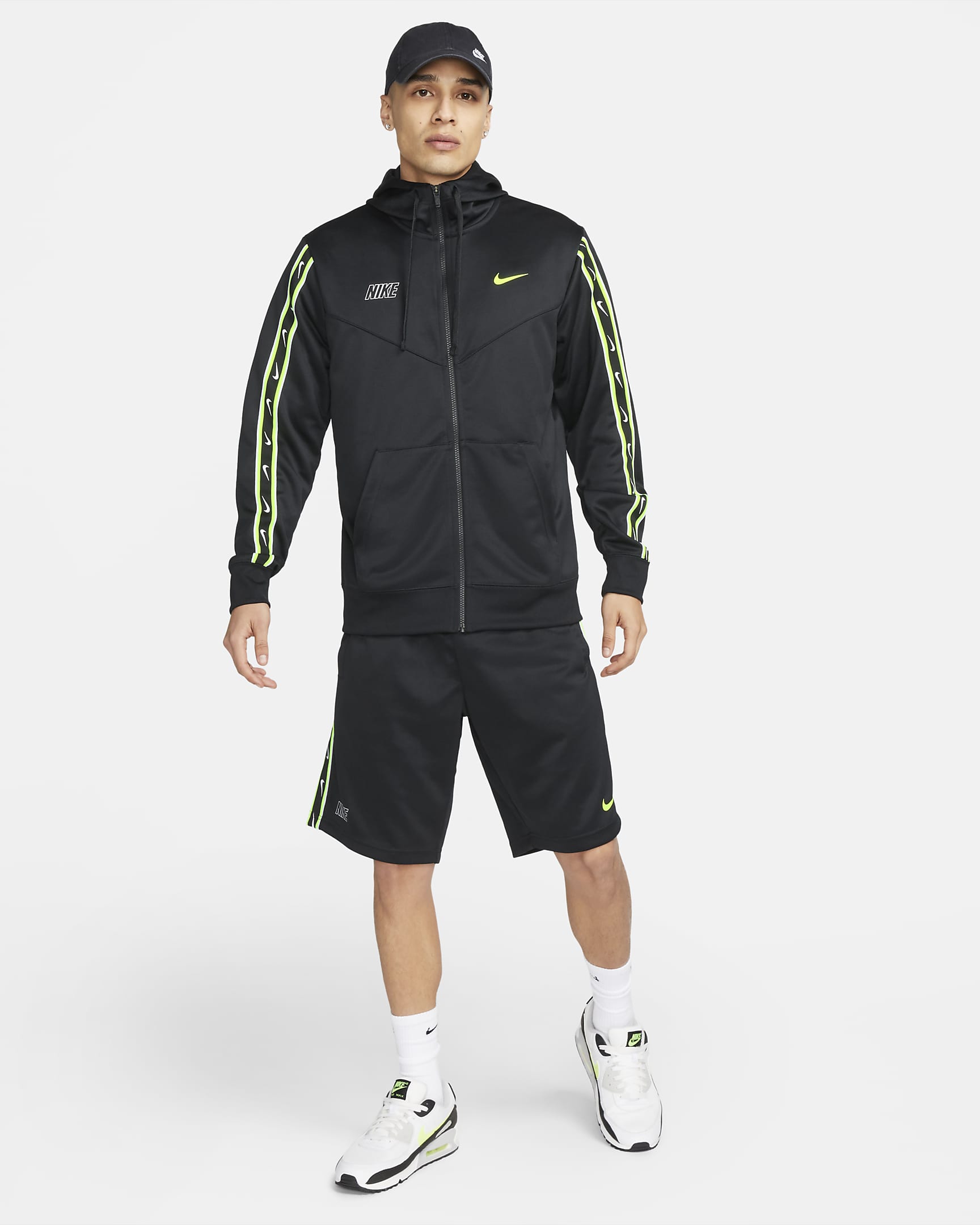 Huvtröja med hellång dragkedja Nike Sportswear Repeat för män - Svart/Svart/Volt