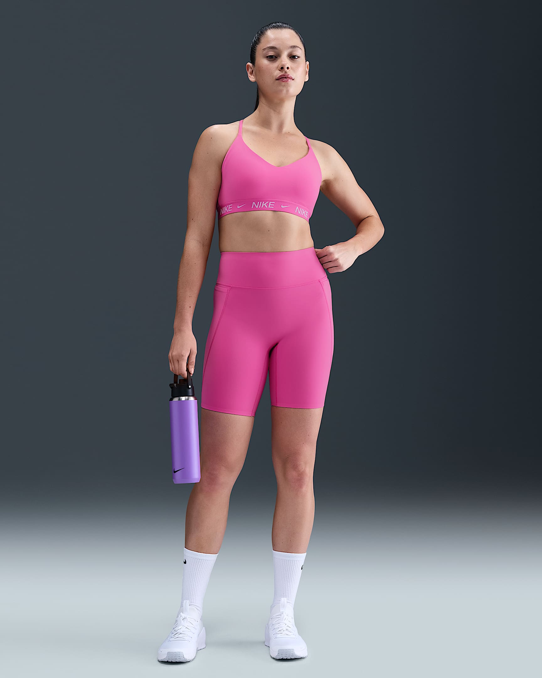 Nike Universa Women's Medium-Support High-Waisted 8" Biker Shorts with Pockets - Playful Pink/Cosmic Fuchsia/Pinkfire II