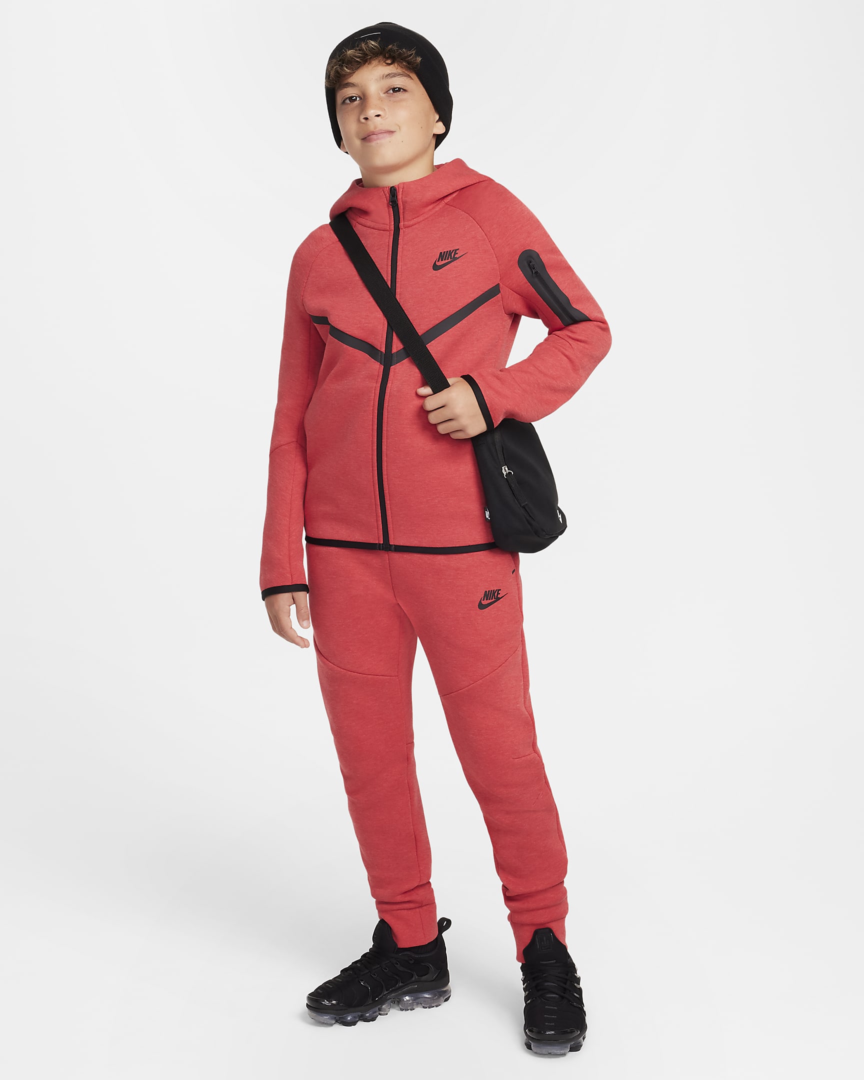 Nike Sportswear Tech Fleece Big Kids' Full-Zip Hoodie - Light University Red Heather/Light University Red Heather/Black/Black