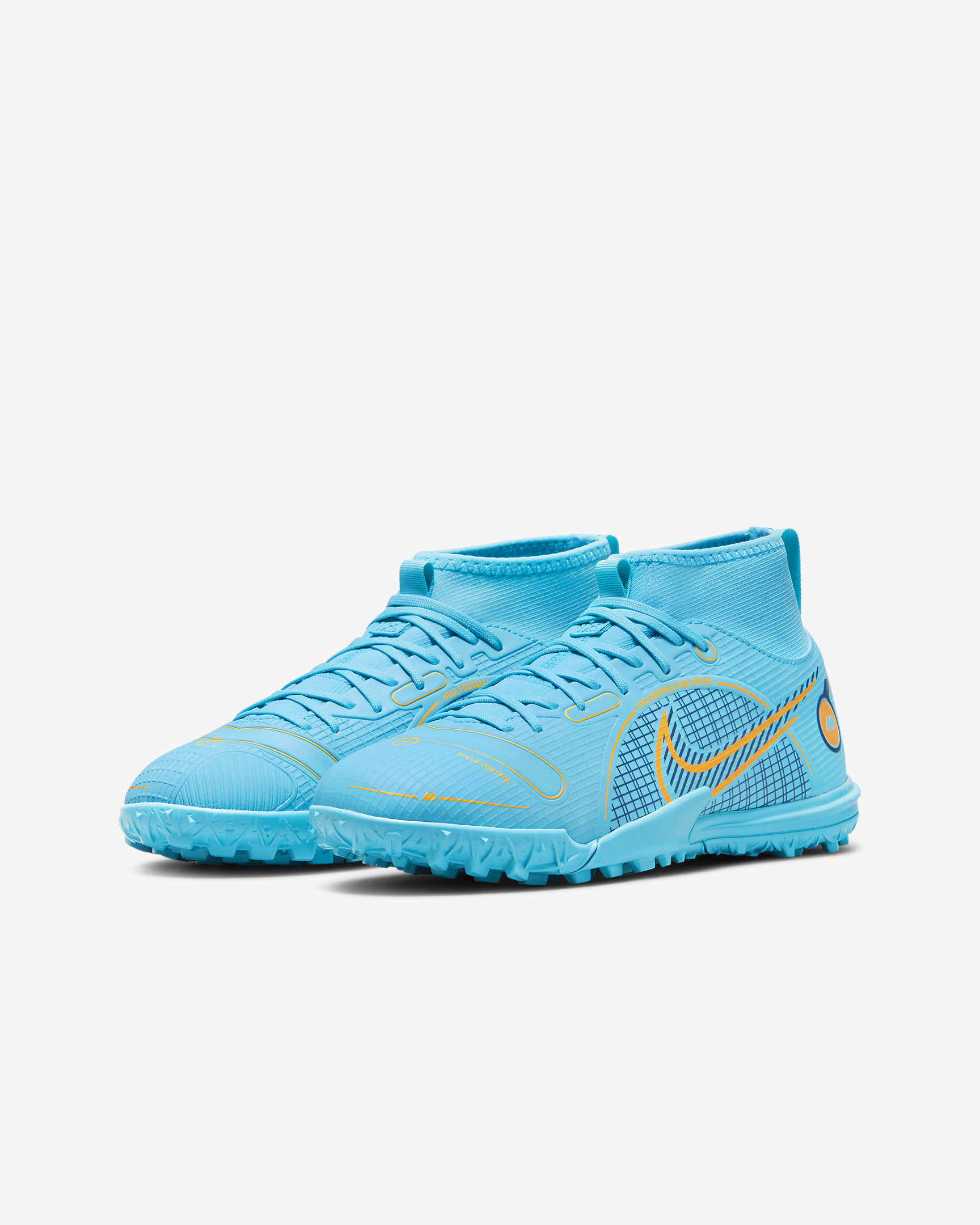 Calzado de fútbol para pasto sintético (turf) para niños talla pequeña/grande Nike Jr. Mercurial Superfly 8 Academy TF - Azul cloro/Marina/Naranja láser