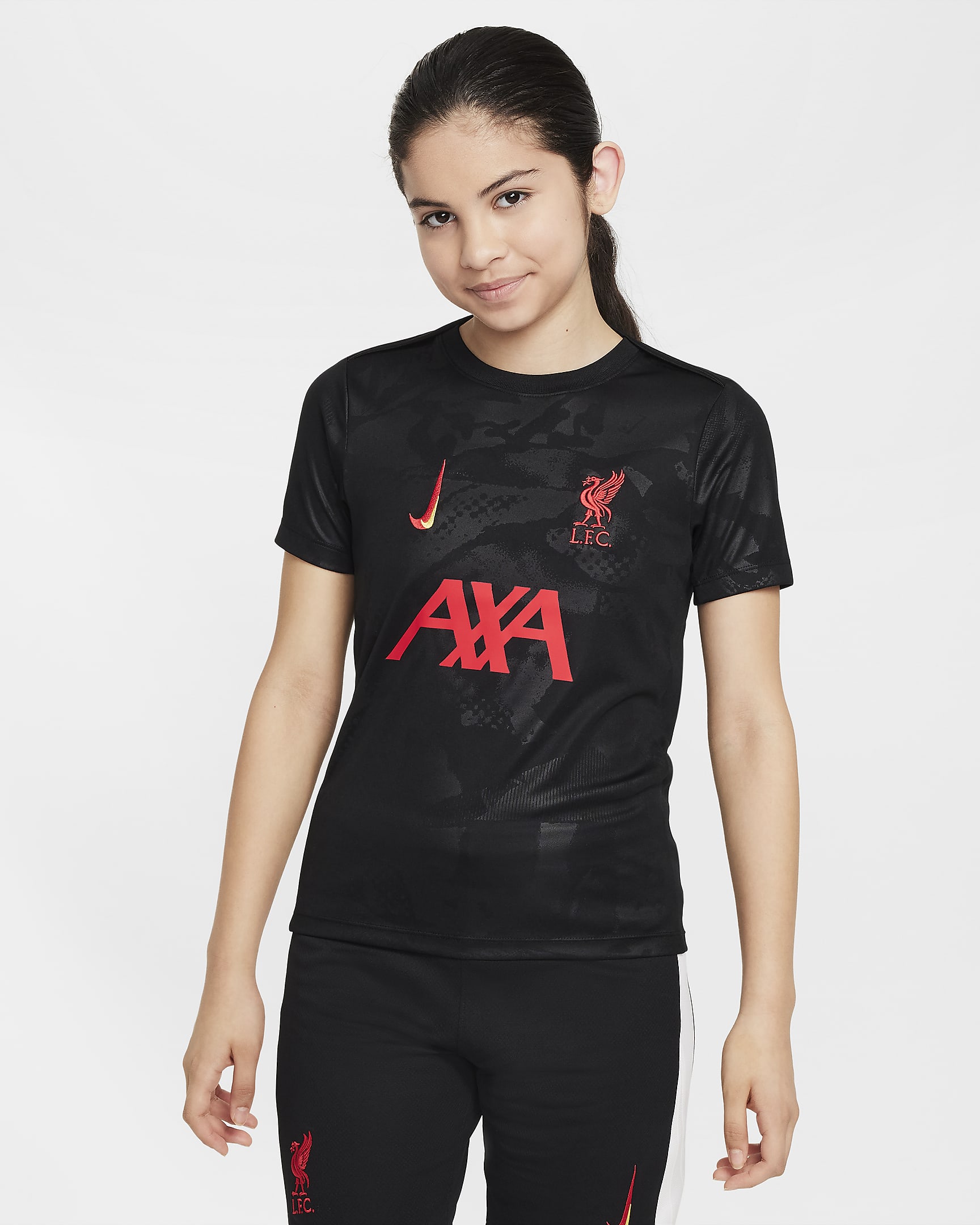 Předzápasové fotbalové tričko Nike Dri-FIT Liverpool FC Academy Pro pro větší děti, třetí - Černá/Chrome Yellow/Global Red