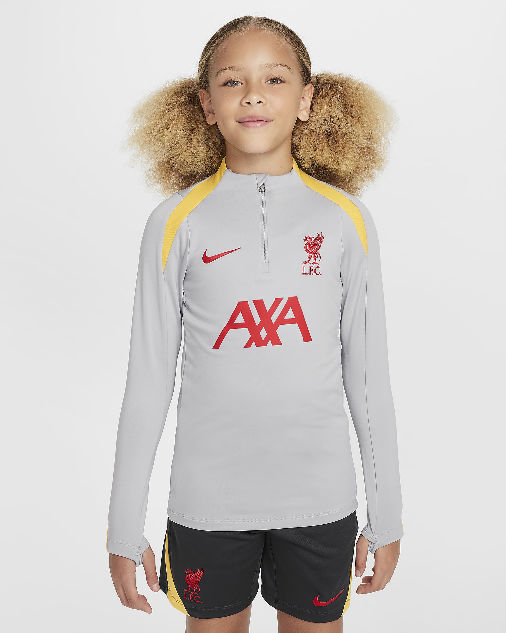 Maglia per allenamento Nike Football Dri-FIT Liverpool FC Strike per ragazzo/a – Terza - Light Smoke Grey/Chrome Yellow/Global Red