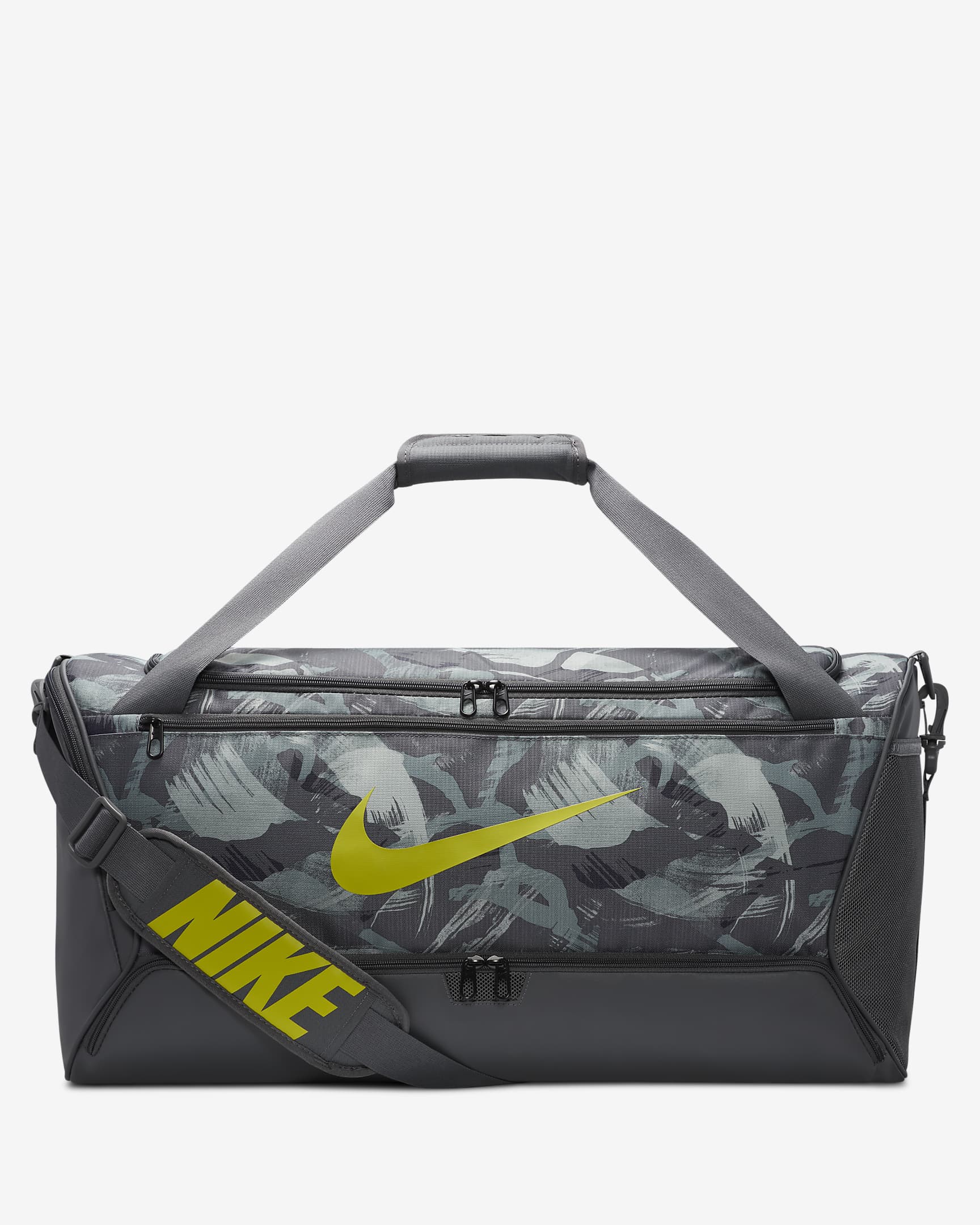 Nike Brasilia Printed Duffel Bag (Medium, 60L) - Iron Grey/Iron Grey/Bright Cactus