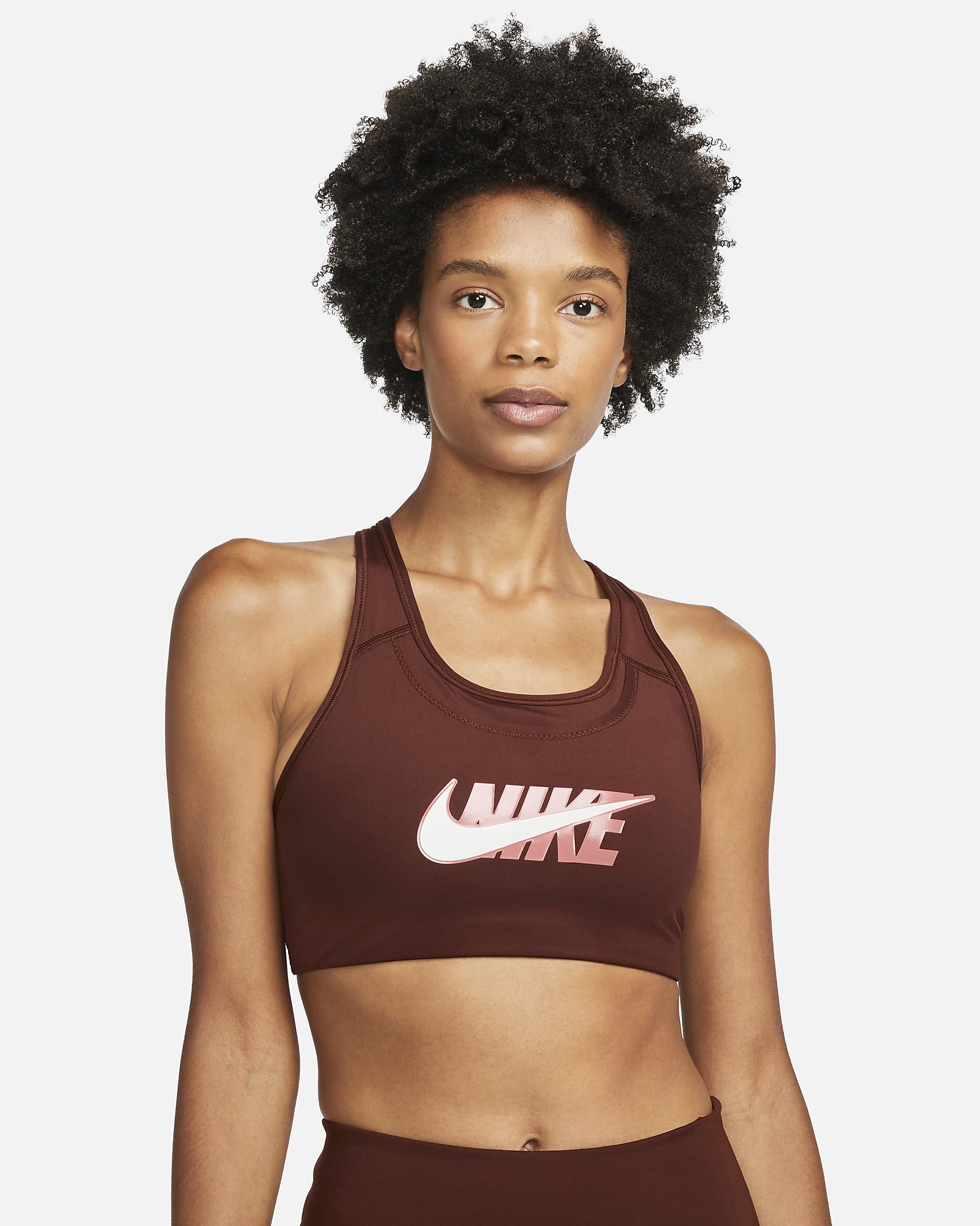 Bra deportivo sin almohadilla con gráfico de media sujeción para mujer Nike Swoosh Icon Clash - Bronce eclipse/Bronce eclipse/Rosa arcaico