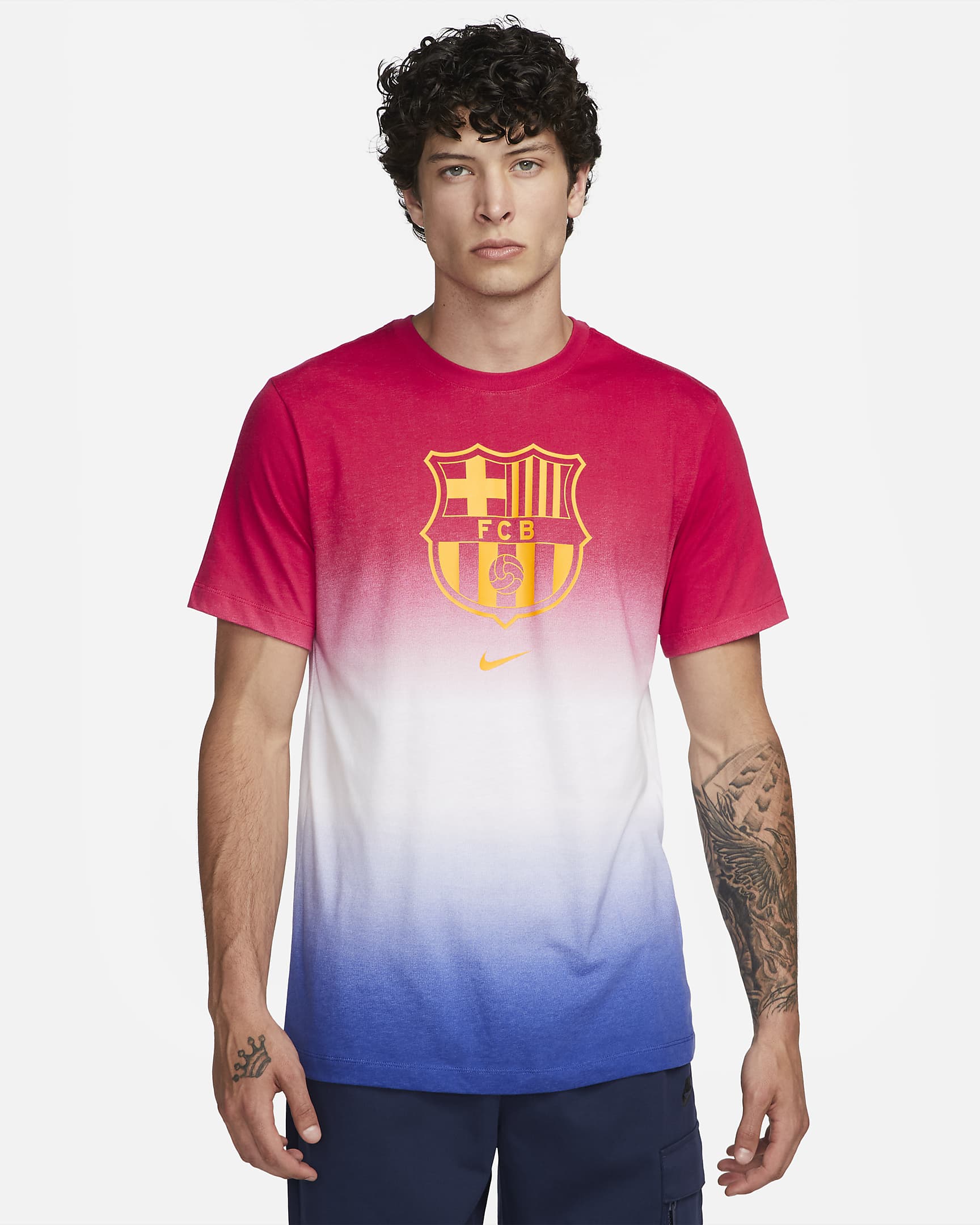 FC Barcelona Crest Men's Nike Soccer T-Shirt - White/Noble Red/Deep Royal Blue/Amarillo