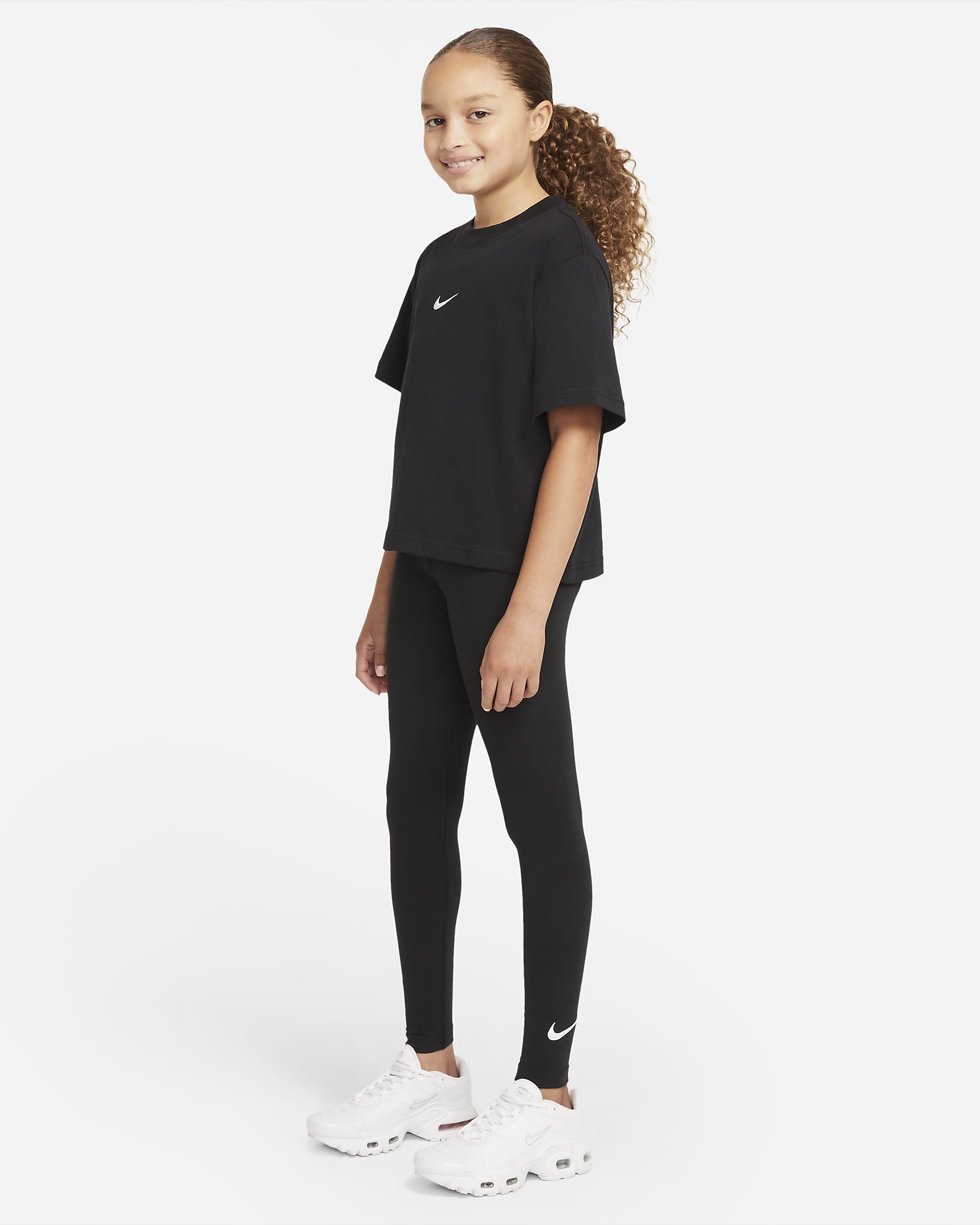 Nike Sportswear Favorites Swoosh-leggings til store barn (jente) - Svart/Hvit