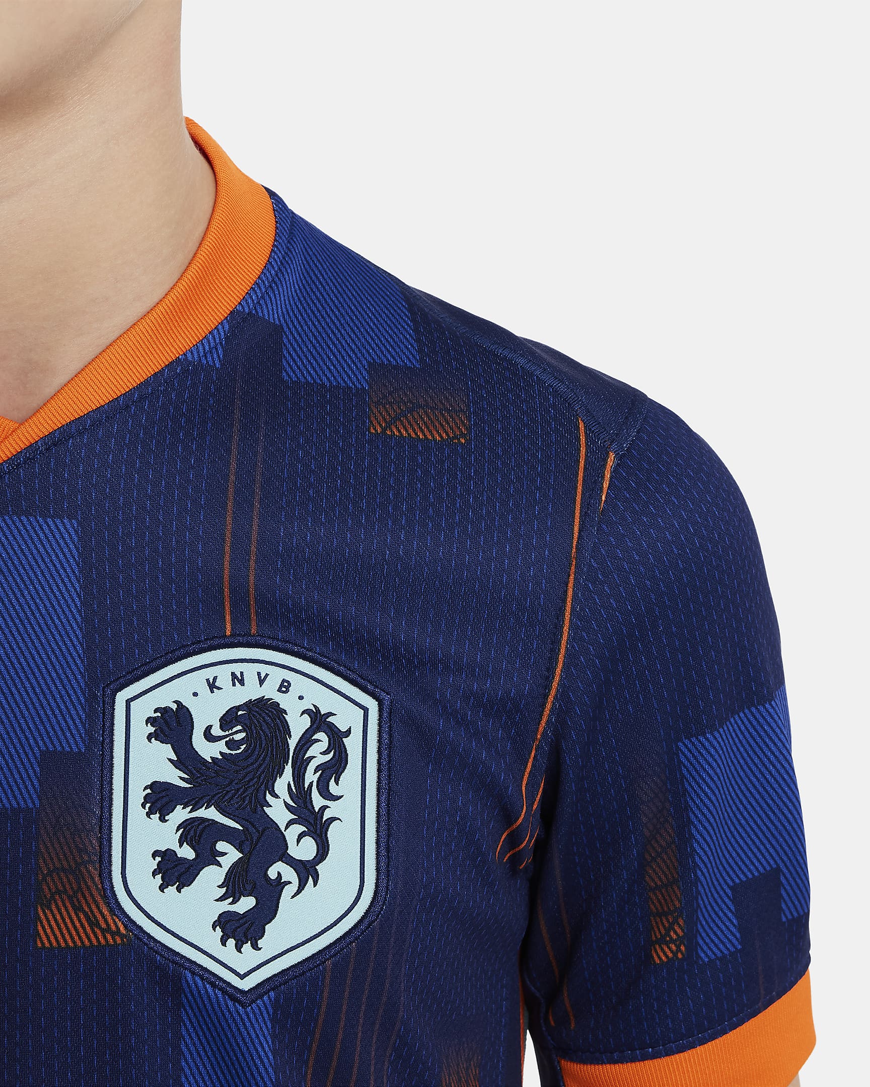 Nederland (herenelftal) 2024/25 Stadium Uit Nike Dri-FIT replica voetbalshirt voor kids - Blue Void/Safety Orange/Copa/Wit