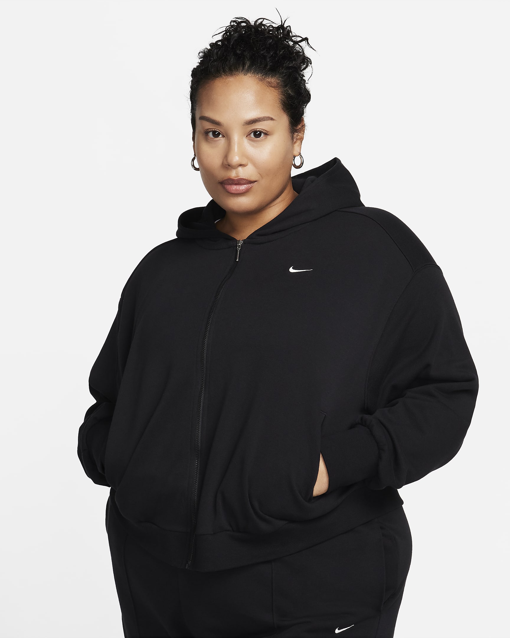 Nike Sportswear Chill Terry 女款寬鬆全長式拉鍊法國毛圈布連帽上衣 (加大尺寸) - 黑色/Sail