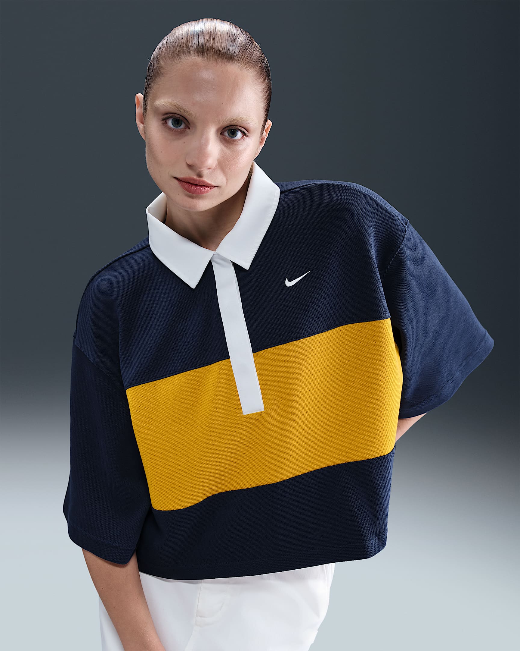 Nike Sportswear Women's Oversized Short-Sleeve Polo Top - Midnight Navy/Dark Sulphur/White/White