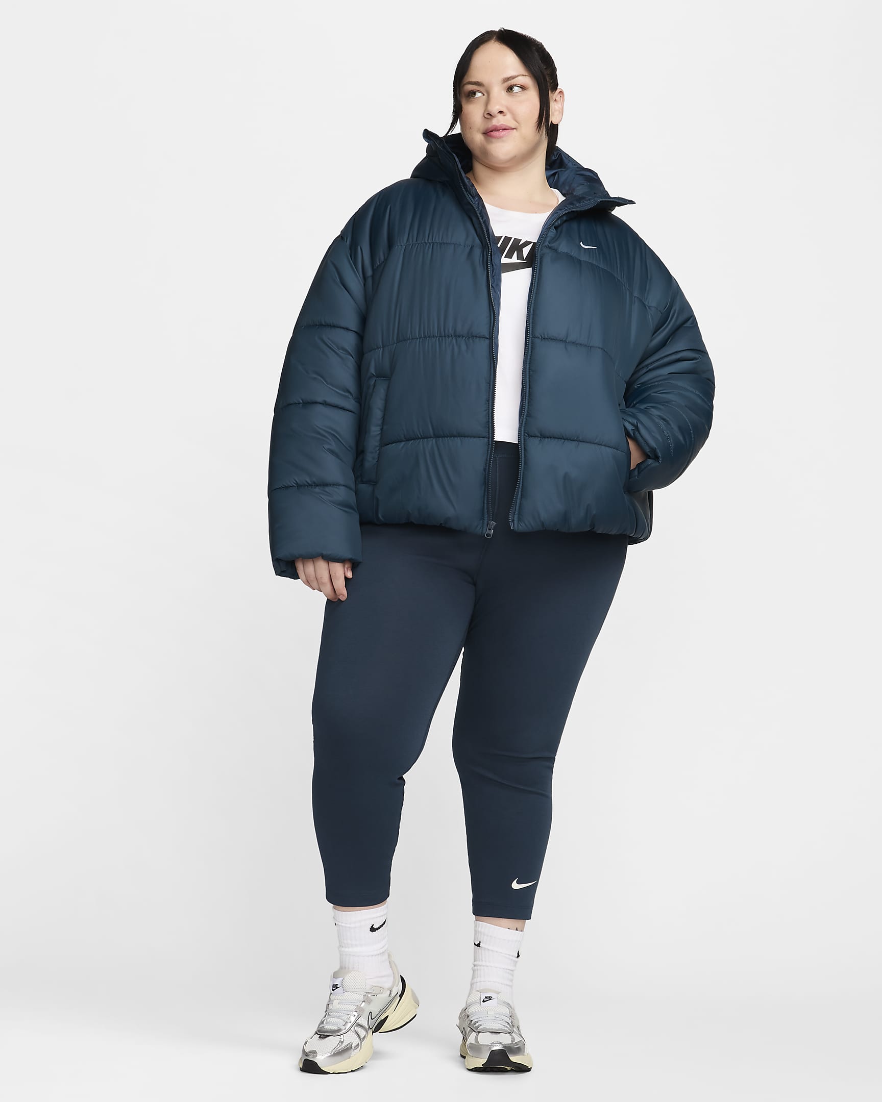 Nike Sportswear Classic Puffer Women's Therma-FIT Loose Hooded Jacket (Plus Size) - Armory Navy/White