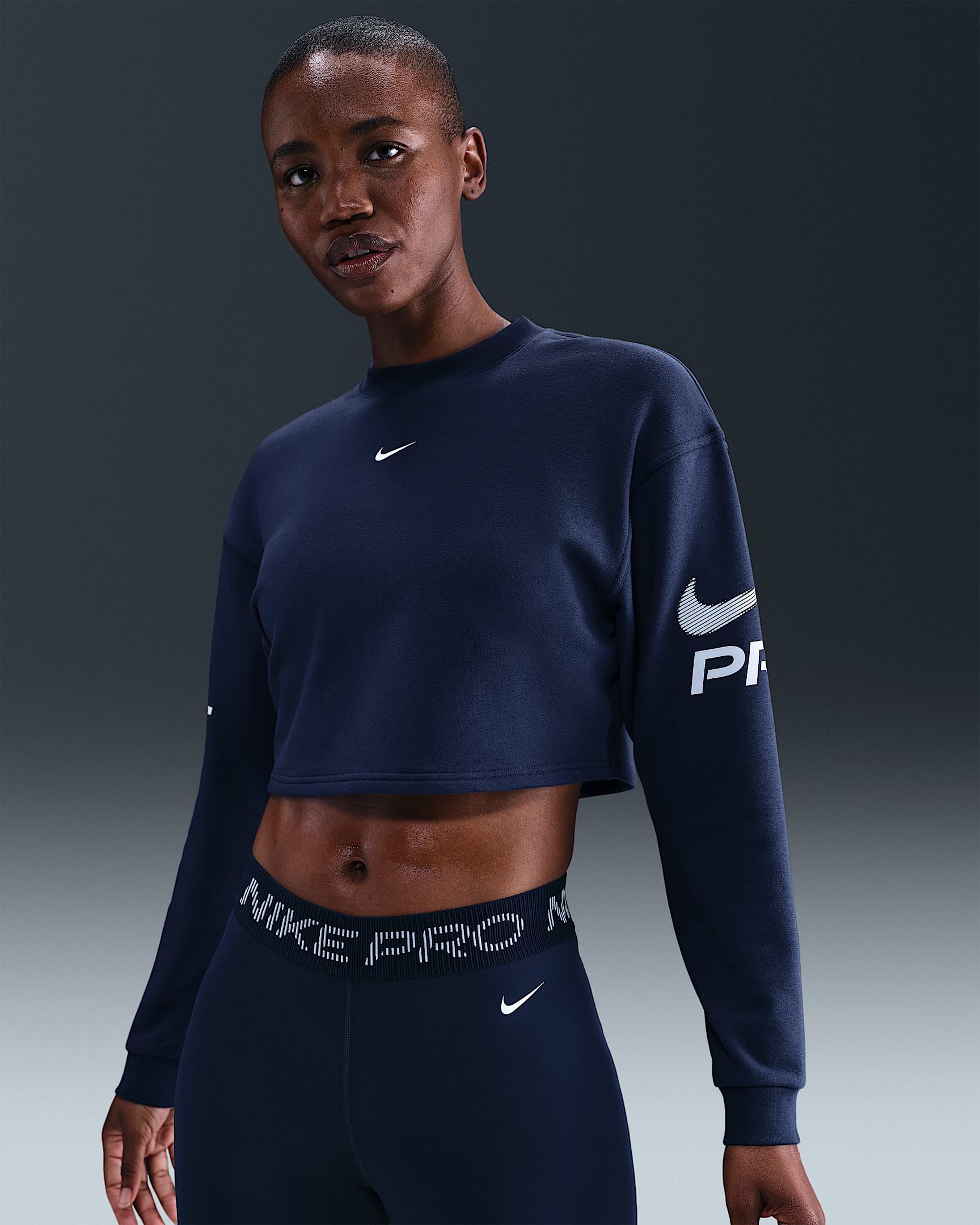 Nike Pro Women's Dri-FIT Loose Crew-Neck French Terry Sweatshirt - Midnight Navy/Football Grey/White