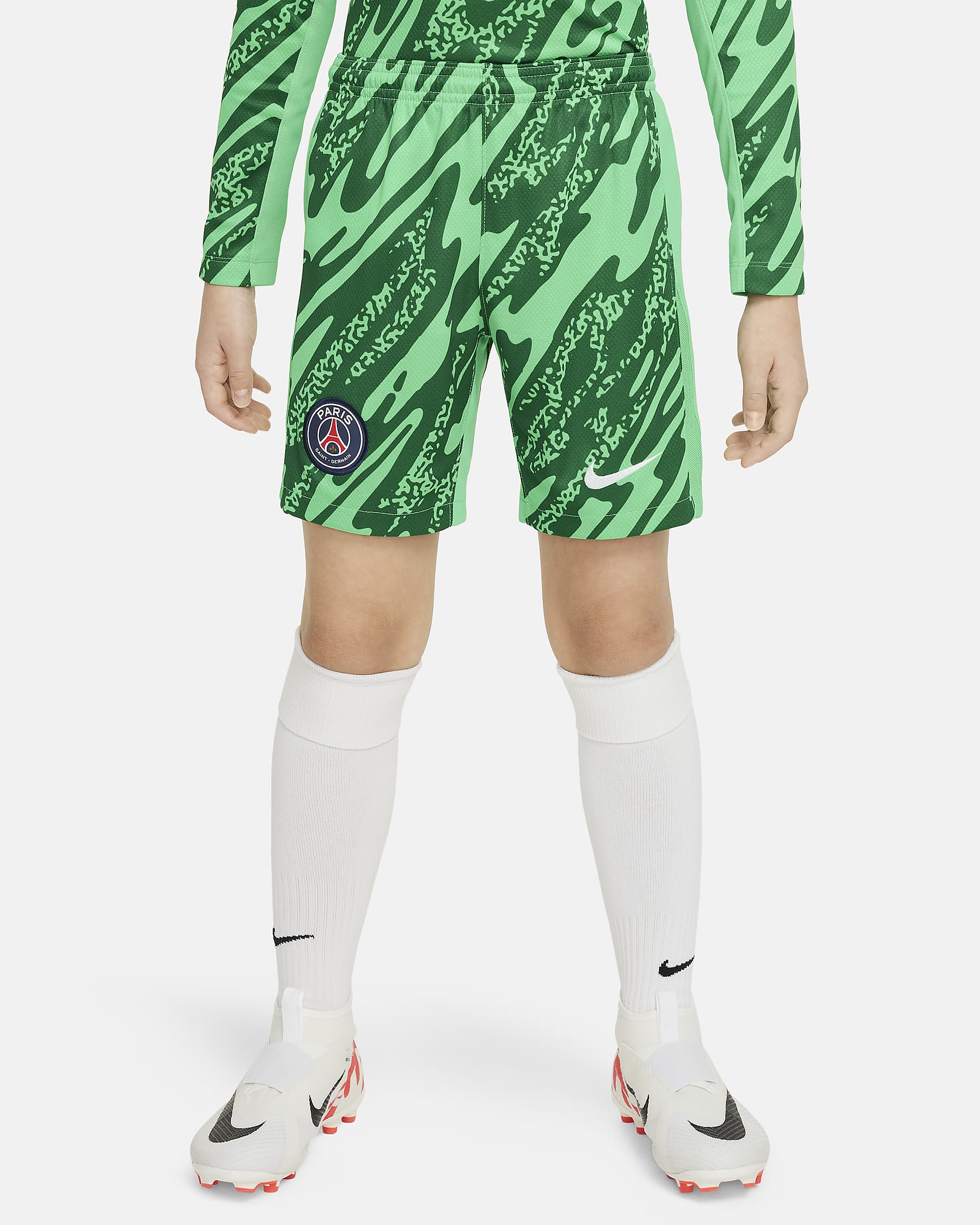 Spodenki piłkarskie dla dużych dzieci Nike Dri-FIT Paris Saint-Germain Goalkeeper Stadium 2024/25 (replika) - Green Spark/Pine Green/Biel